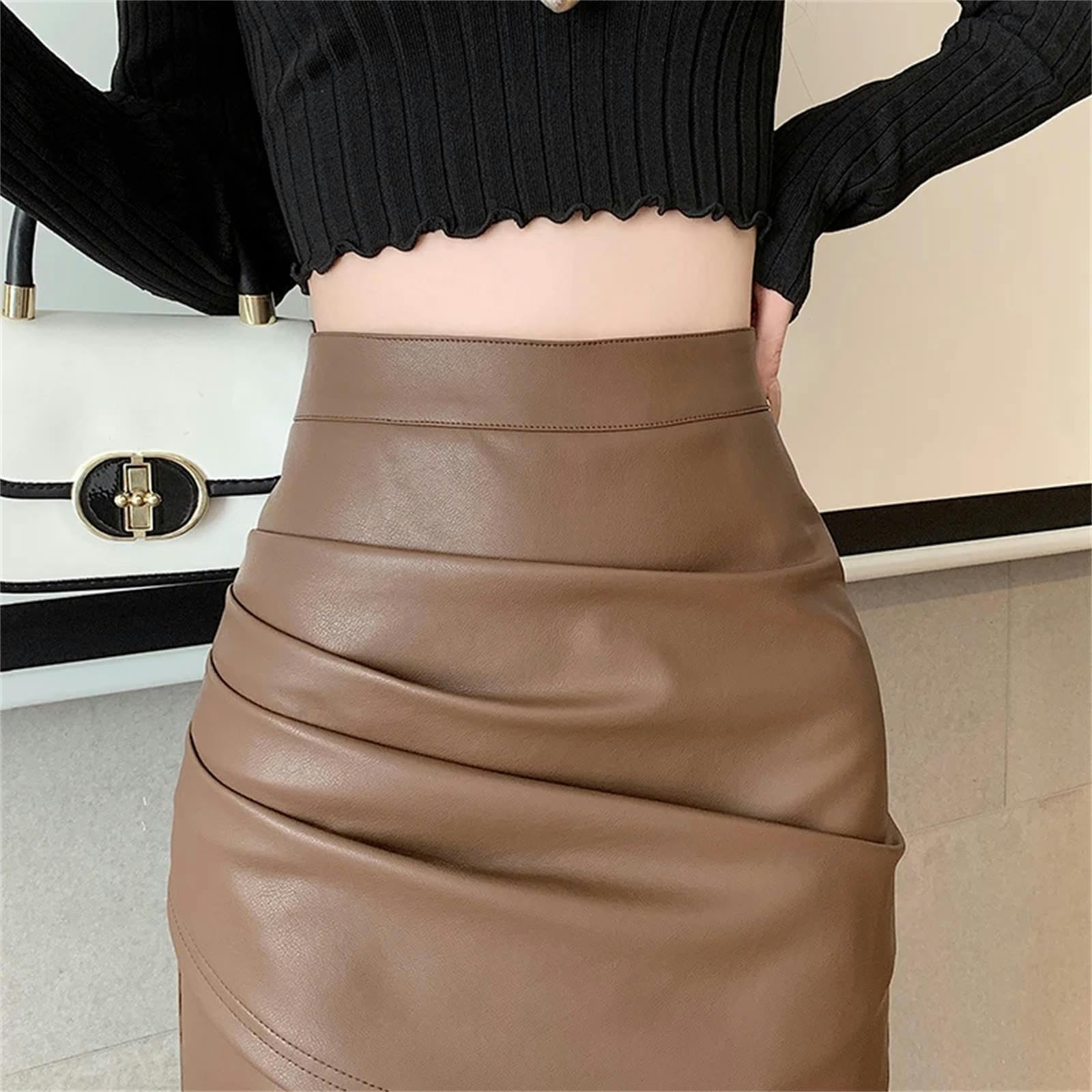 Gonna Lunga Donna Estate Mini Gonna in Pelle Sottile in Pelle Alta per Donne A Autunno Casual Matita-caffè-S