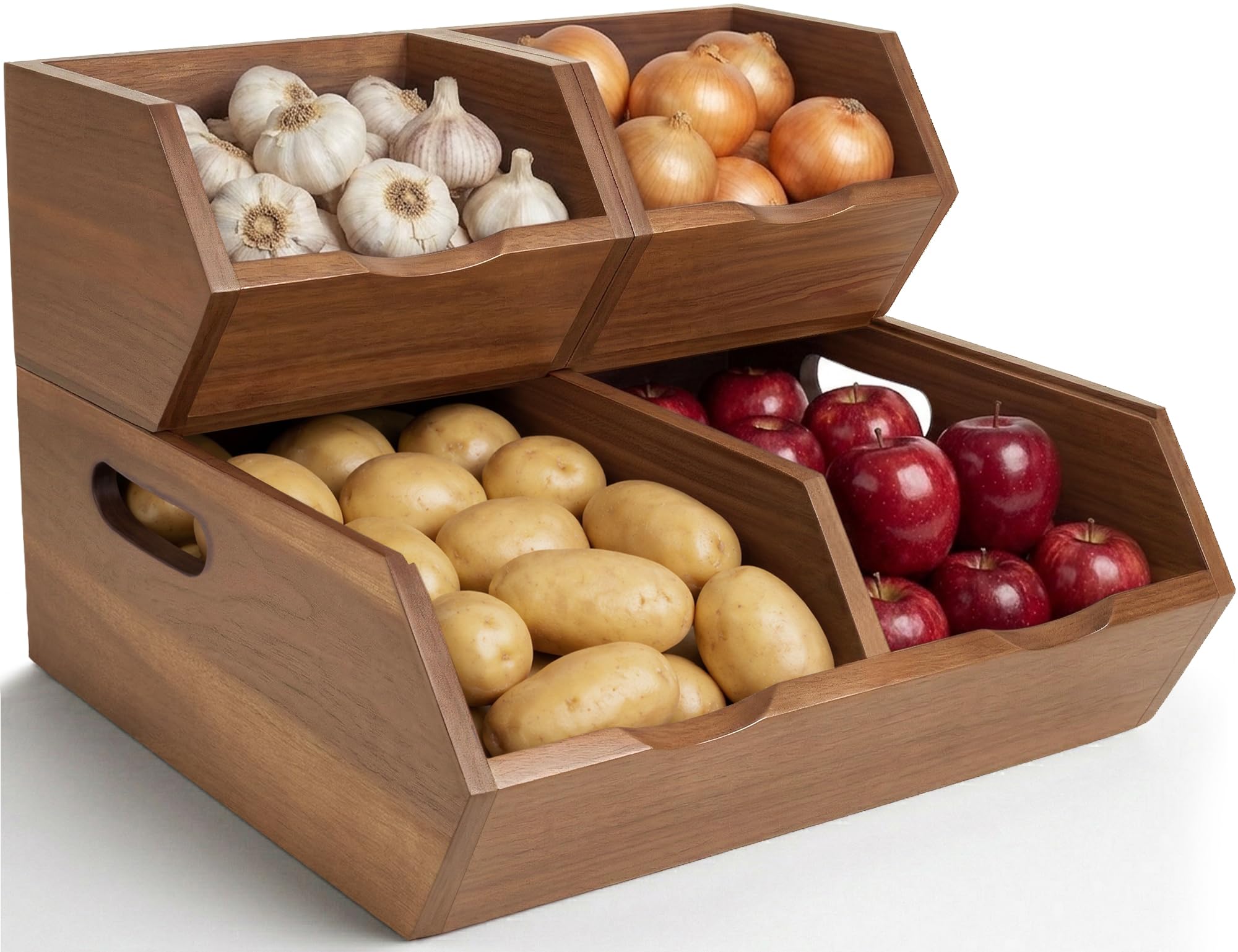 Photo 1 of **Divider broken**LUSHZLUMBERA Acacia Wood Pantry Storage Bins Set of 3, Stackable Kitchen Storage Baskets for Potatoes, Onions and Produce, Handcrafted Wooden Organizer for Pantry, Counter and Cabinet