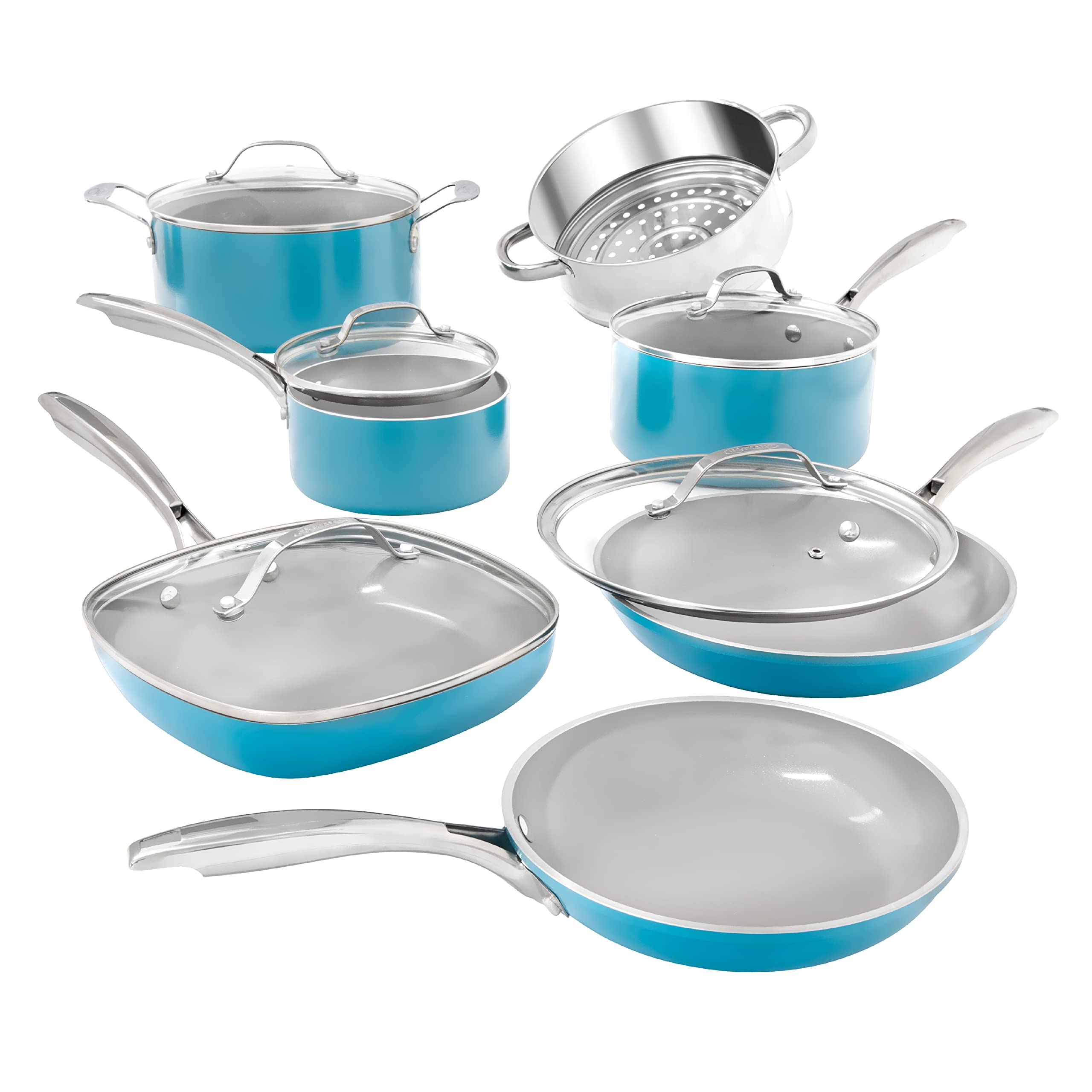 Gotham Steel Aqua Blue Pots and Pans Set, 12 Piece Nonstick Ceramic