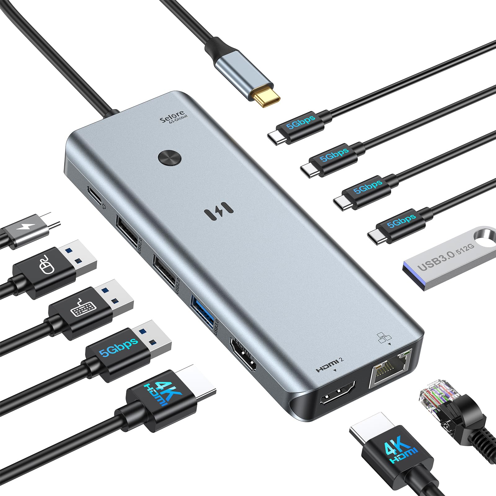 Selore Laptop Docking Station Dual Monitor, USB C Hub mit 2 HDMI, RJ45 Ethernet, 5 Gbps USB C/A, 100W PD für Dell/HP/Lenovo
