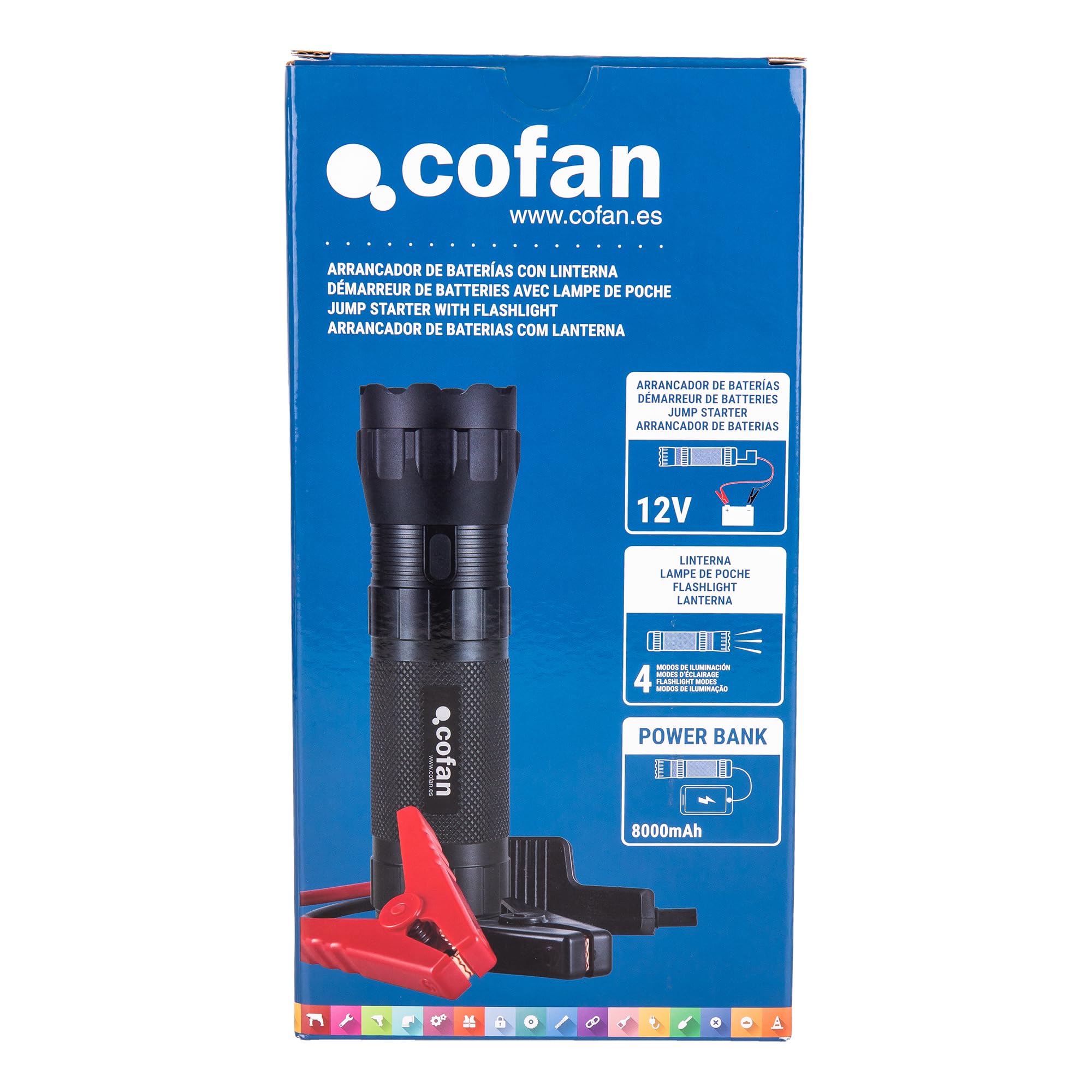 Cofan Arrancador de baterías | con Linterna LED y Power Bank USB | 600 A | 330 lúmenes | Adecuado para Coches de Gasolina hasta 5000 CC y diésel hasta 3000 CC