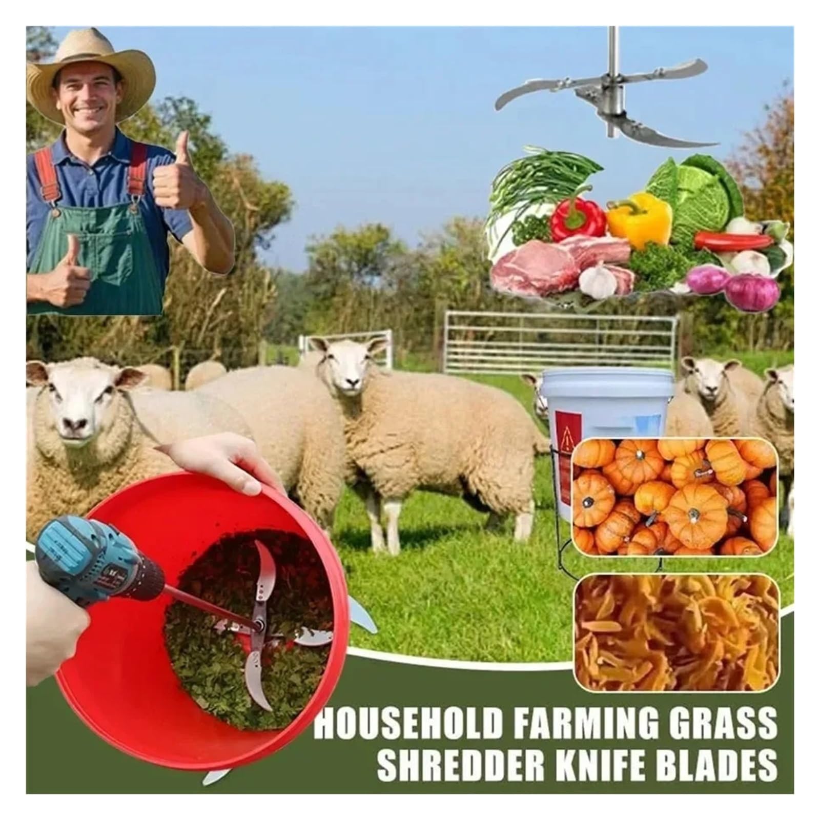 4-Klingen-Obst- Und Gemüseschneider Mit 50 Cm Langem Schaft, Elektrischer Bohrmaschinen-Häcksler For Landwirtschaftliche Schweinefutterzerkleinerer Und Rührwerksmischer, Stabiler Betrieb