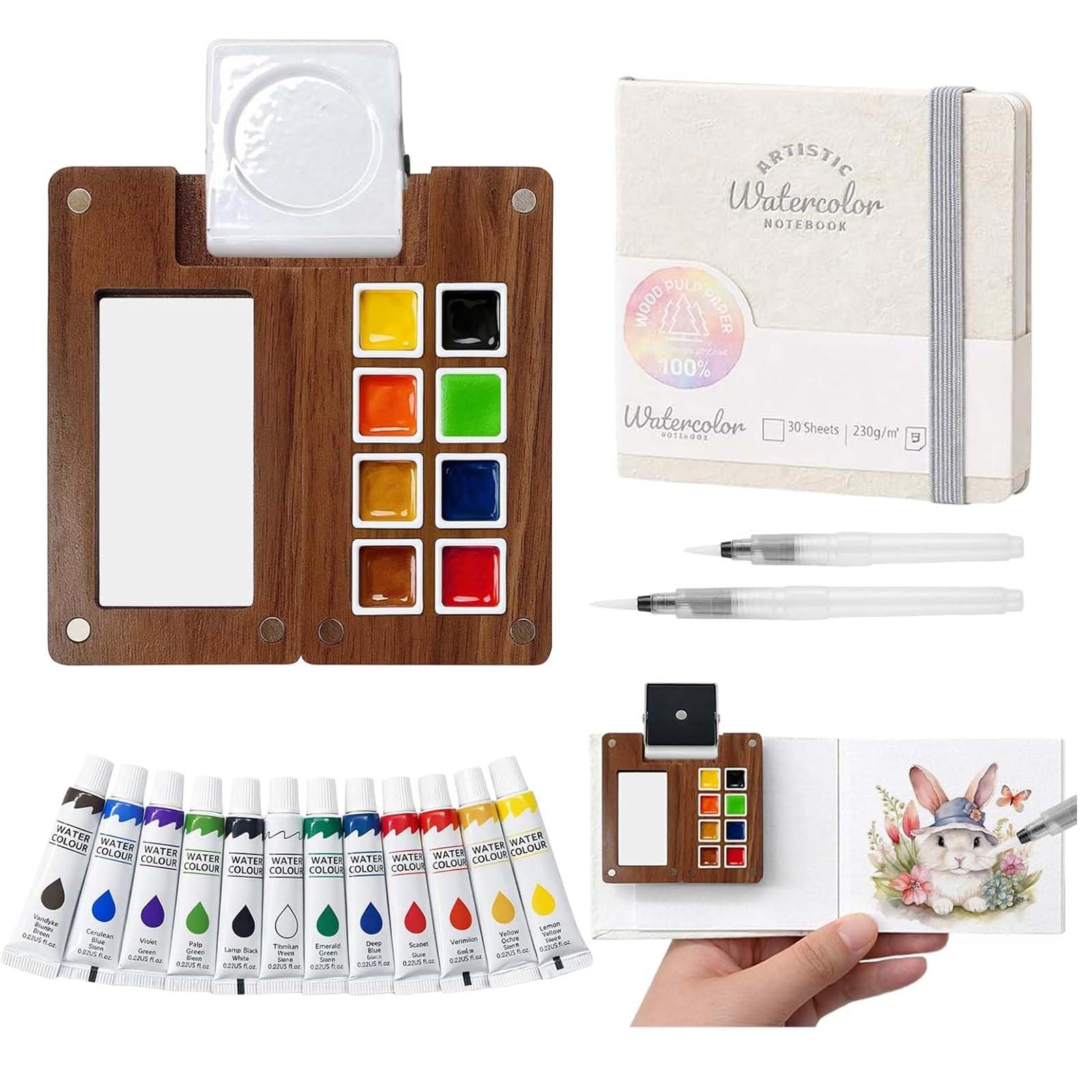 Mini Watercolour Paint Set Travel Watercolour Kit with 8 Grid 3.7in Wood Pocket Palette Set Includes 12 Colors, Sketchbook,Clip and Pen for Artists,Art Painting Gift for Beginners and Journey Painting