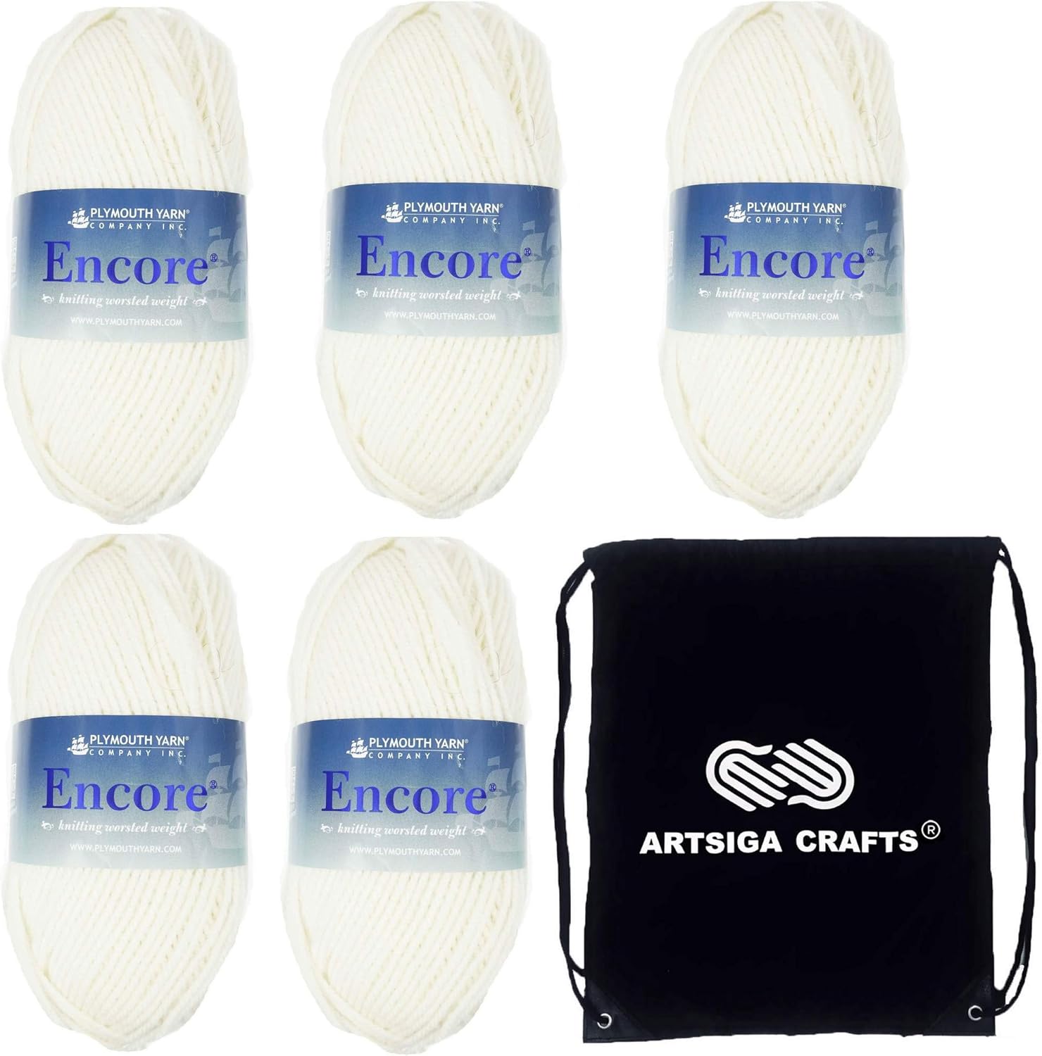 Plymouth Yarn for Knitting Encore Worsted Winter White 0146, 5-Skeins (Same Dyelot, Total: 500 gr, 1000 yds), Medium Weight #4, 75% Acrylic/25% Wool Blend, with Knitting Project Bag