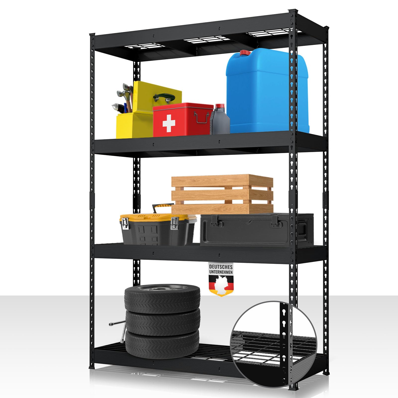 Floordirekt Black Heavy Duty Shelving Yukon Rivet 180 X 120 X 45 Cm, 4 Tier | Steel Shelving Unit With Grid Shelves | 250-350 Kg Load Capacity Per Tier | Various Sizes & Colours