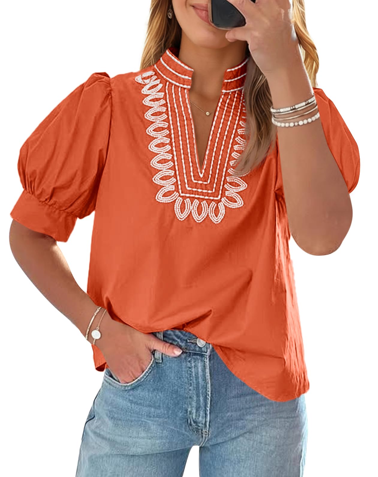 Cicy Bell Womens Puff Short Sleeve Blouses Dressy Embroidered Boutique Tops | Summer Casual, Loose Fit, Trendy, V Neck Shirts