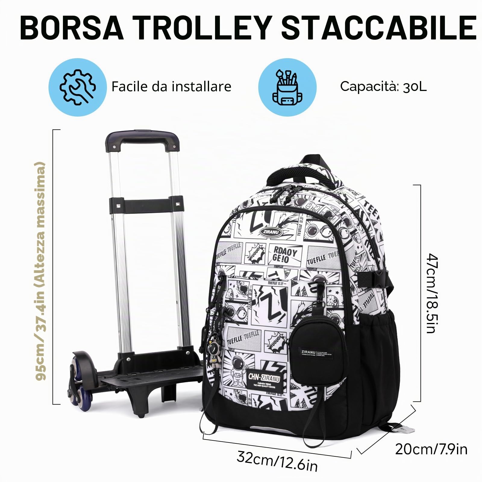 Amythe Zaino Trolley Scuola per Ragazzi, Zaini con Carrello Rimovibile Moda per Ragazzo, Impermeabile, per Laptop 15.6", 6 Ruote per Scuola Media, Superiore e Viaggi