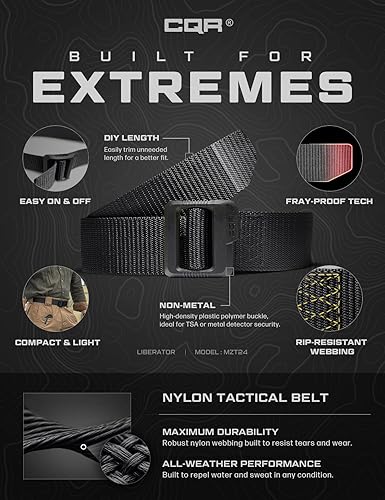 Vista 6 de CQR - cinturón táctico, cinturón resistente, estilo militar, correa de nailon, hebilla de liberación rápida. Paquete de 2 Dura Nylon Negro/Negro