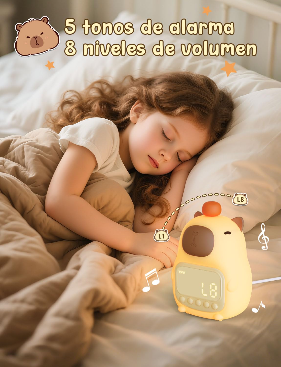 YISSVIC Despertador Infantil Reloj Despertador Digital 2 Alarmas Brillo Ajustables 8 Volumenes 5 Músicas, Función de Repetición Luces Nocturnas Recargable de 1800mAh para Infantil Adulto- Capibara