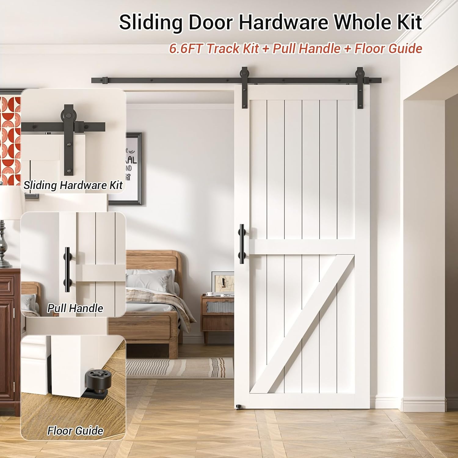 6.6FT Heavy Duty Sliding Barn Door Hardware Kit（1x Floor Guide&1x Pull Handle Set &6.6FT Track Kit for 36"~40" Wide Single Door）,Smoothly Quietly,Easy Install (No Door)