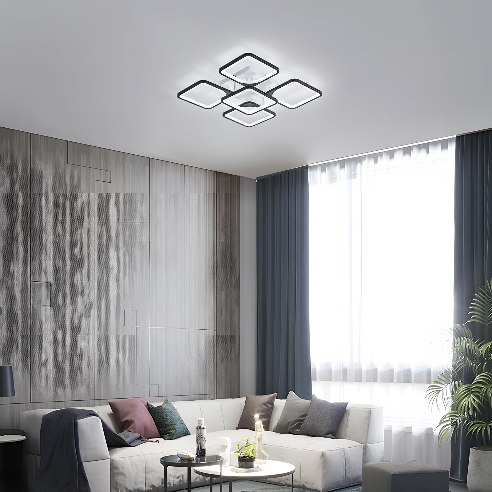 Nowoczesna lampa sufitowa LED, kwadratowa akrylowa lampa sufitowa 75W, czarne zimne białe światło 6500K do salonu, sypialni, gabinetu (5 żarówek)