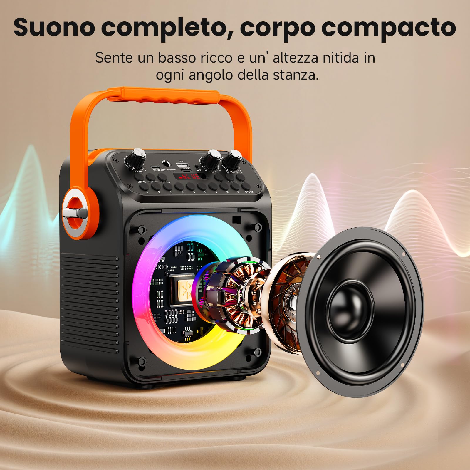 HWWR Impianto karaoke con 2 microfoni, altoparlante Bluetooth con subwoofer da 6,5 pollici, effetti luminosi RGB, box karaoke portatile per adulti e bambini, feste di famiglia, feste e all'aperto