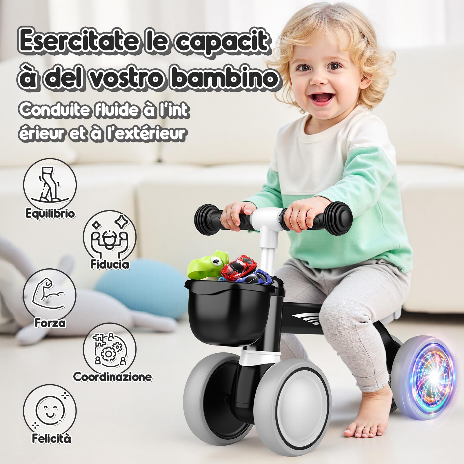 HappyGoLucky Bicicletta Senza Pedali, Ruote Colorate, Ultra Leggero, Bicicletta Equilibrio per Bambini 12-24 Mesi con Cestino, Giochi per Bambini 1 2 Anni, Regalo di Primo Compleanno, Regali Natale