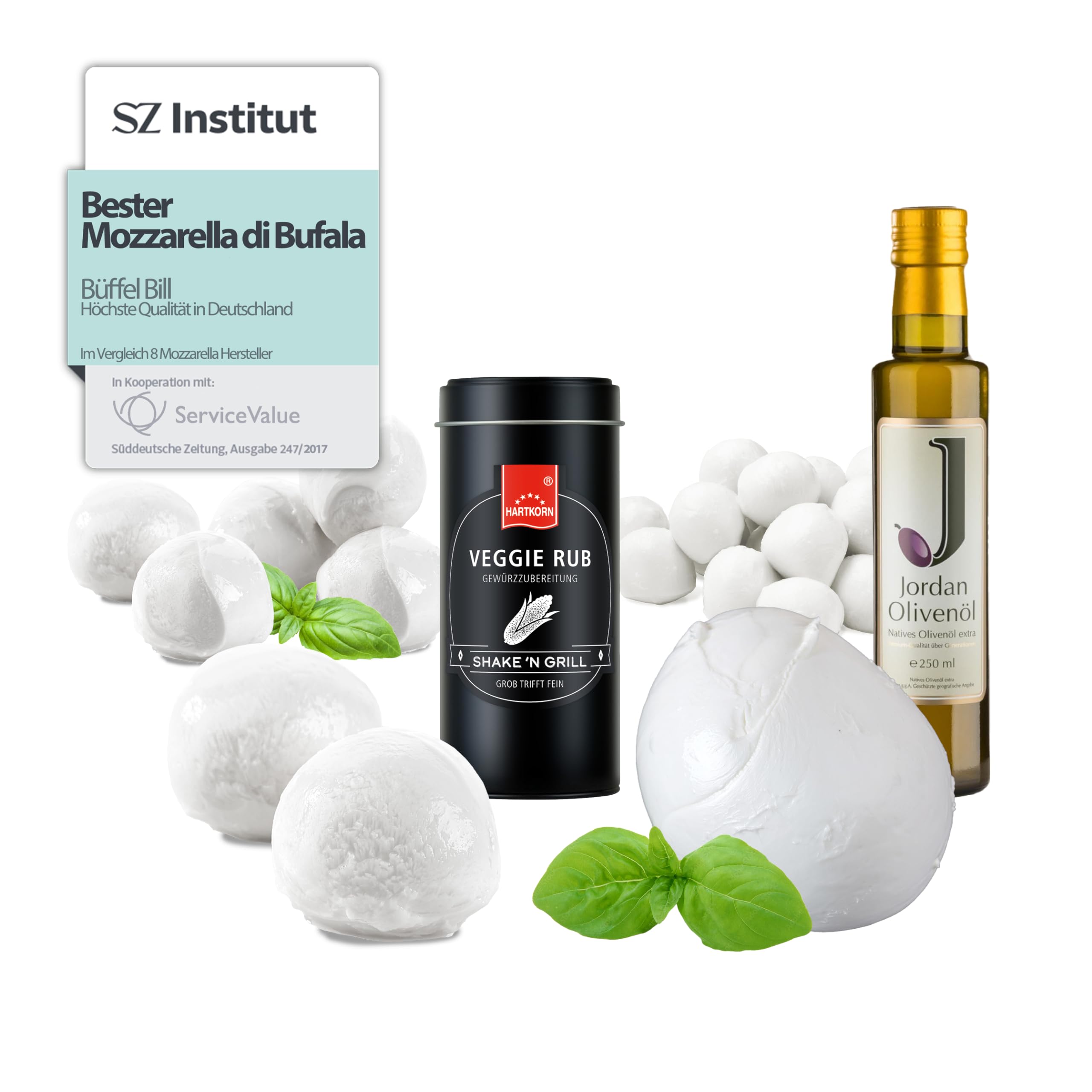 Büffel Bill Amalfi Box I Büffelmozzarella für Genießer I Vom italienischen Wasserbüffel I Mozzarella, Cardinali, Bocconcini I Dazu Olivenöl & Gewürz