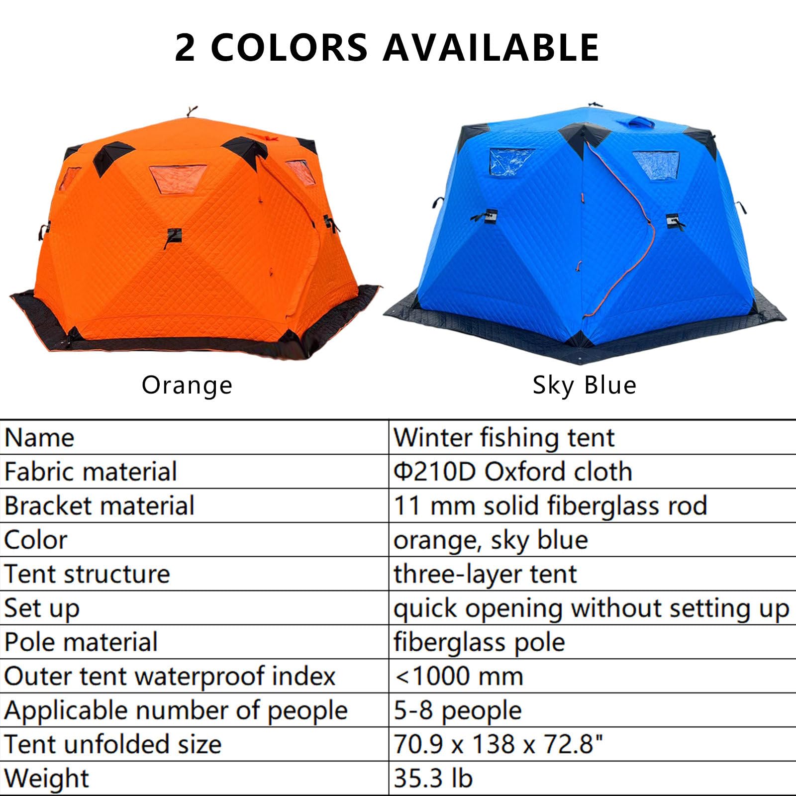 Portable Hexagon Insulated Ice Shanty House,5-8 People Warm Outdoor Ice Fishing Tent Thickened,for Winter Fishing, Camping, Hiking,Orange