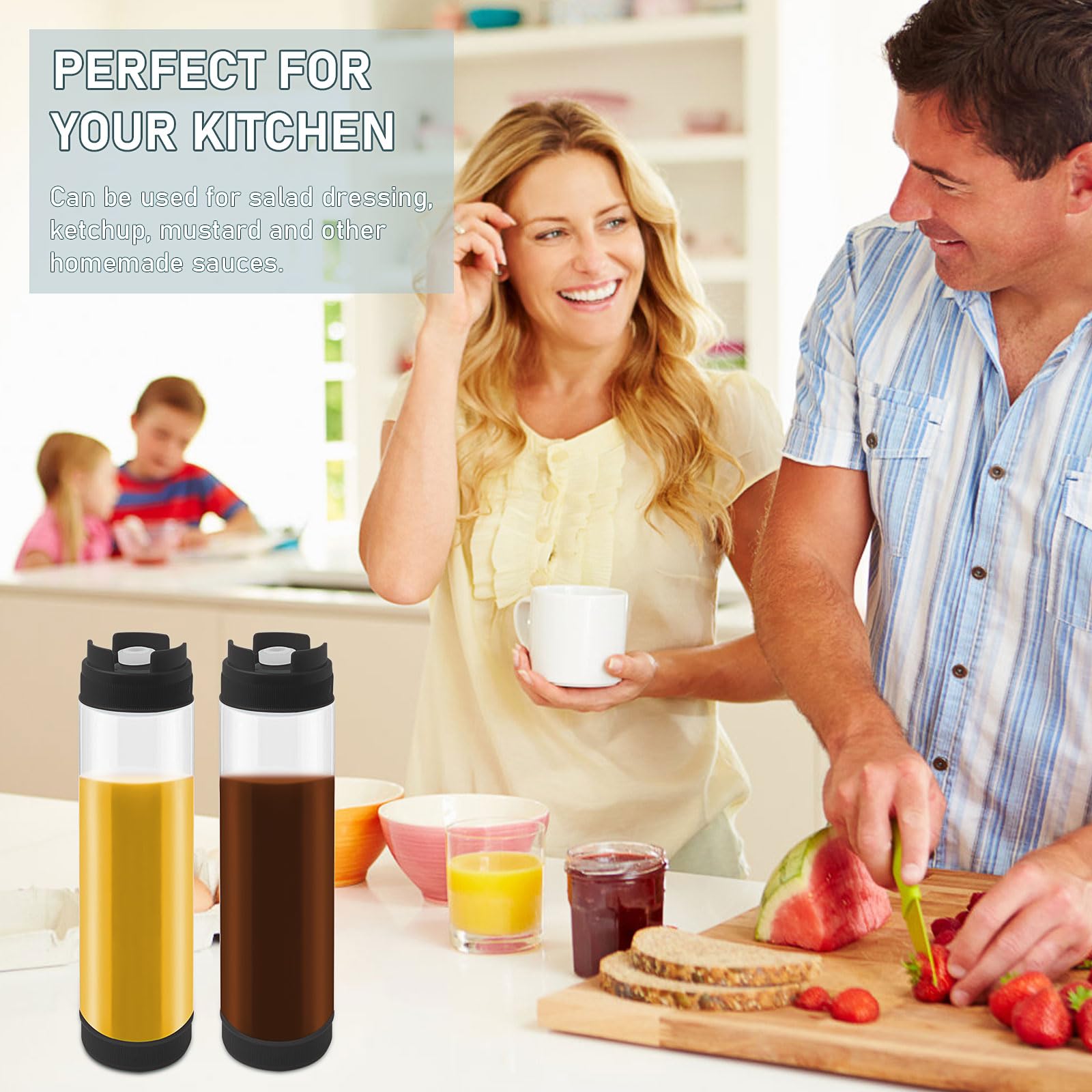 Malloom 8 Stück umgekehrte Kunststoff-Quetschflaschen, 473 ml, nachfüllbar, selbstdichtender Soßenspender für dicke Gewürze, Saucen, Teig, Dressing, Catering, Lebensmittel, LKW, Restaurant (schwarz)