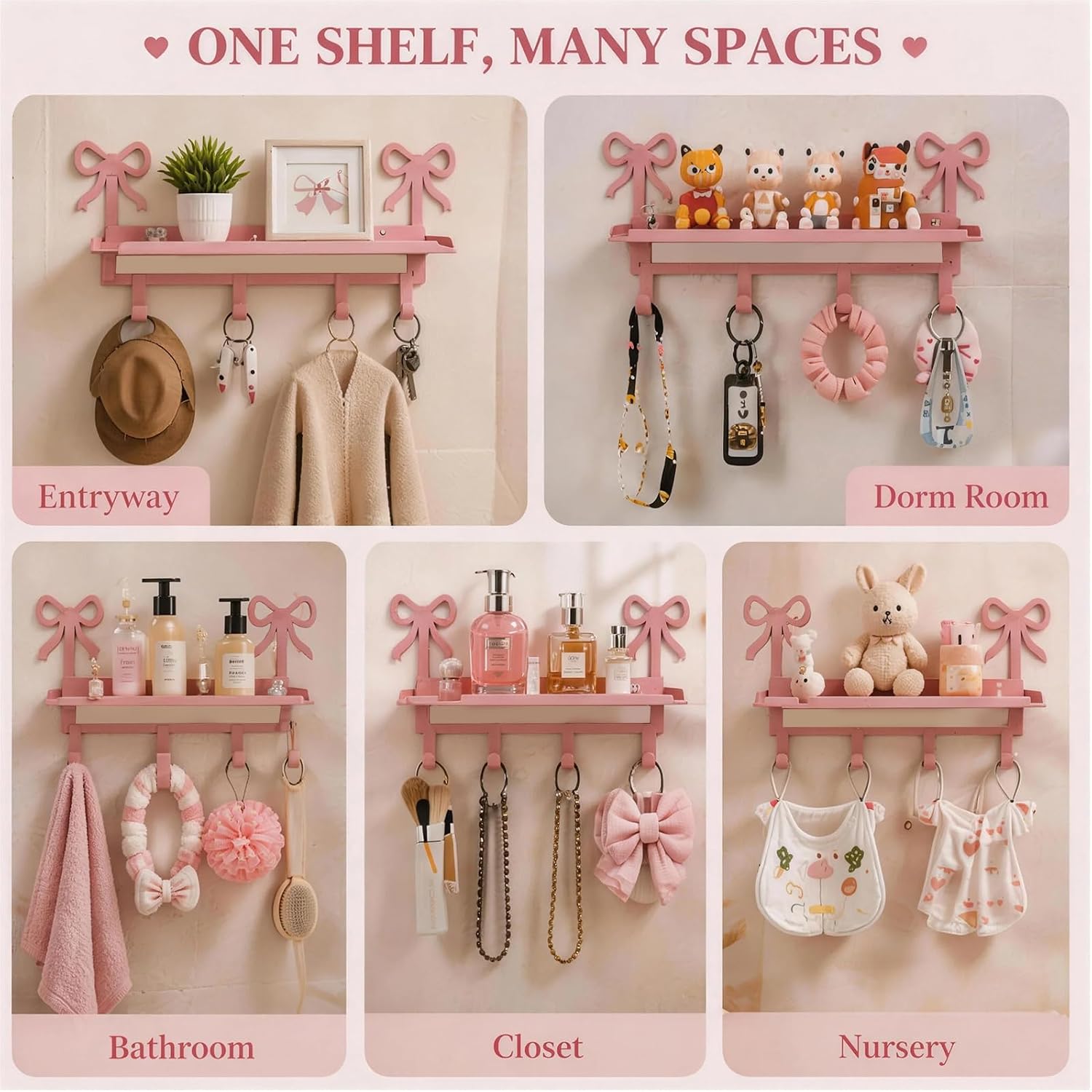 Pink Bedroom Decor Entryway Key & Coat Hanging Rack with 4 Hooks, Pink Bow Room Decor Wall Shelf