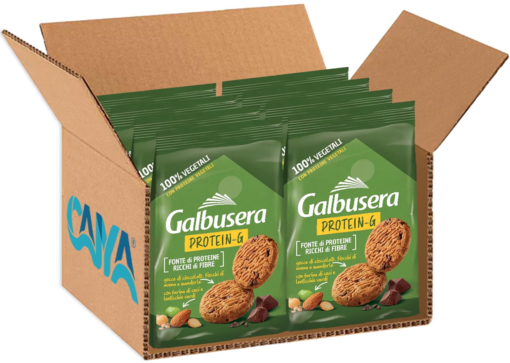 Galbusera Protein-G Biscotti Integrali con Gocce di Cioccolato, Fiocchi di Avena e Mandorle 280g [CAIYA® BOX da 8 Confezioni]