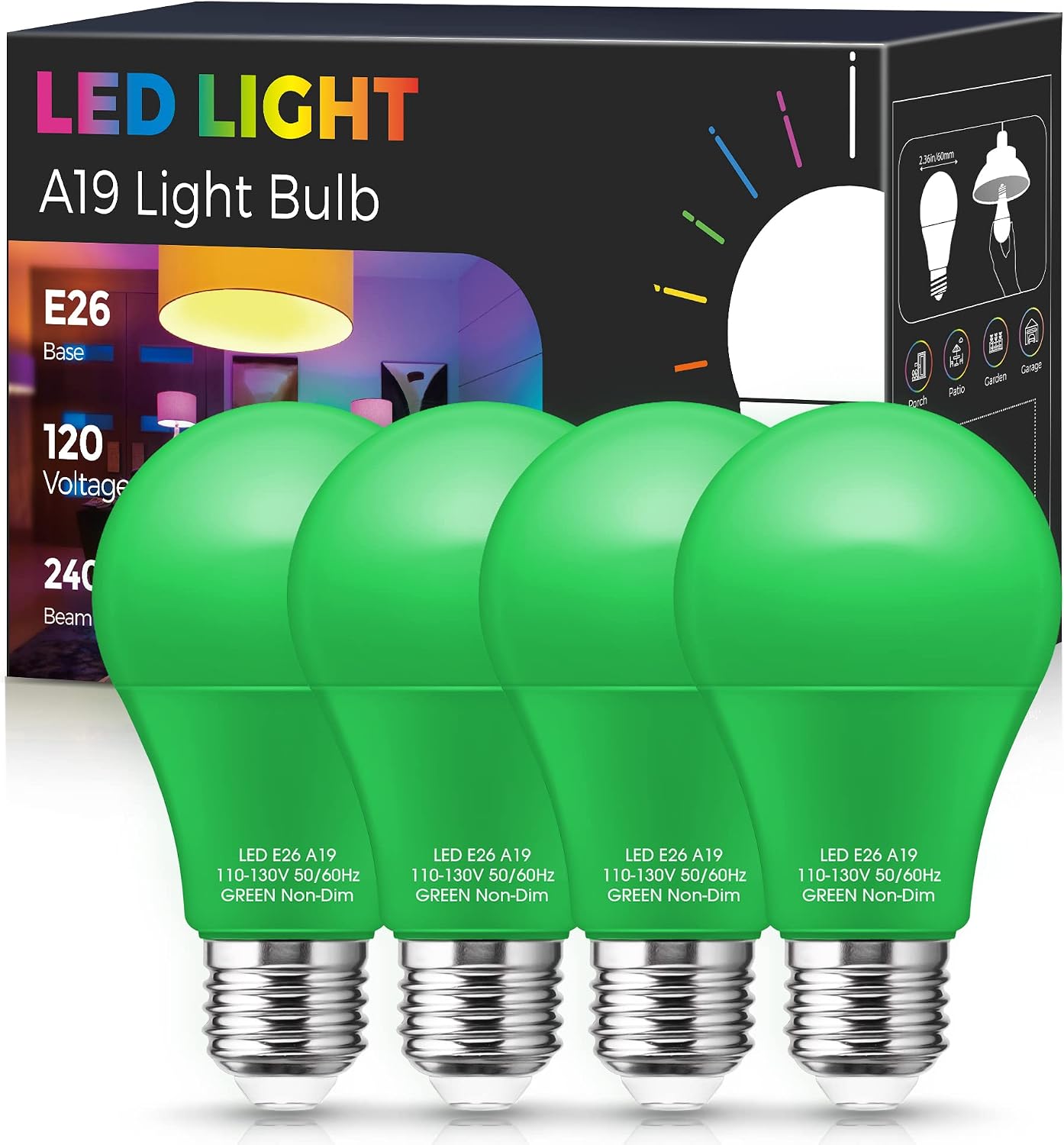 Green Light Bulb, 9W (60W Equivalent) A19 Green Color Light Bulbs, E26 Base Non-Dimmable,720LM 120V Porch Light, LED Colored Light Bulbs for Halloween Christmas Party Holiday Lighting 4 Pack