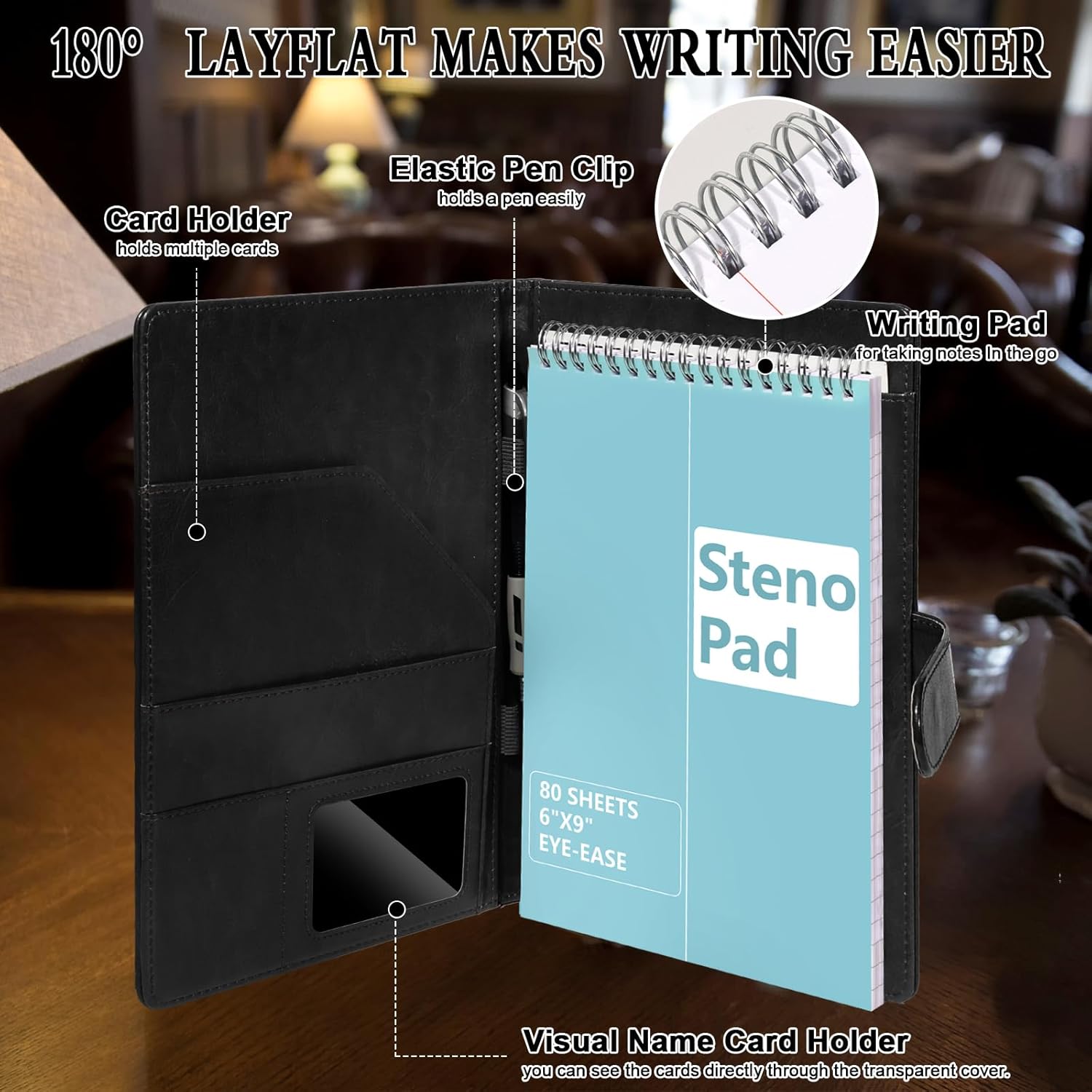6 x 9 Inch Steno Pad Holder PU Leather Black Steno Pad Cover Business Padfolio Organizer Compatible with 6 x 9 Steno Notebook Portfolio Pocket Organizer With Pen Loop for Business