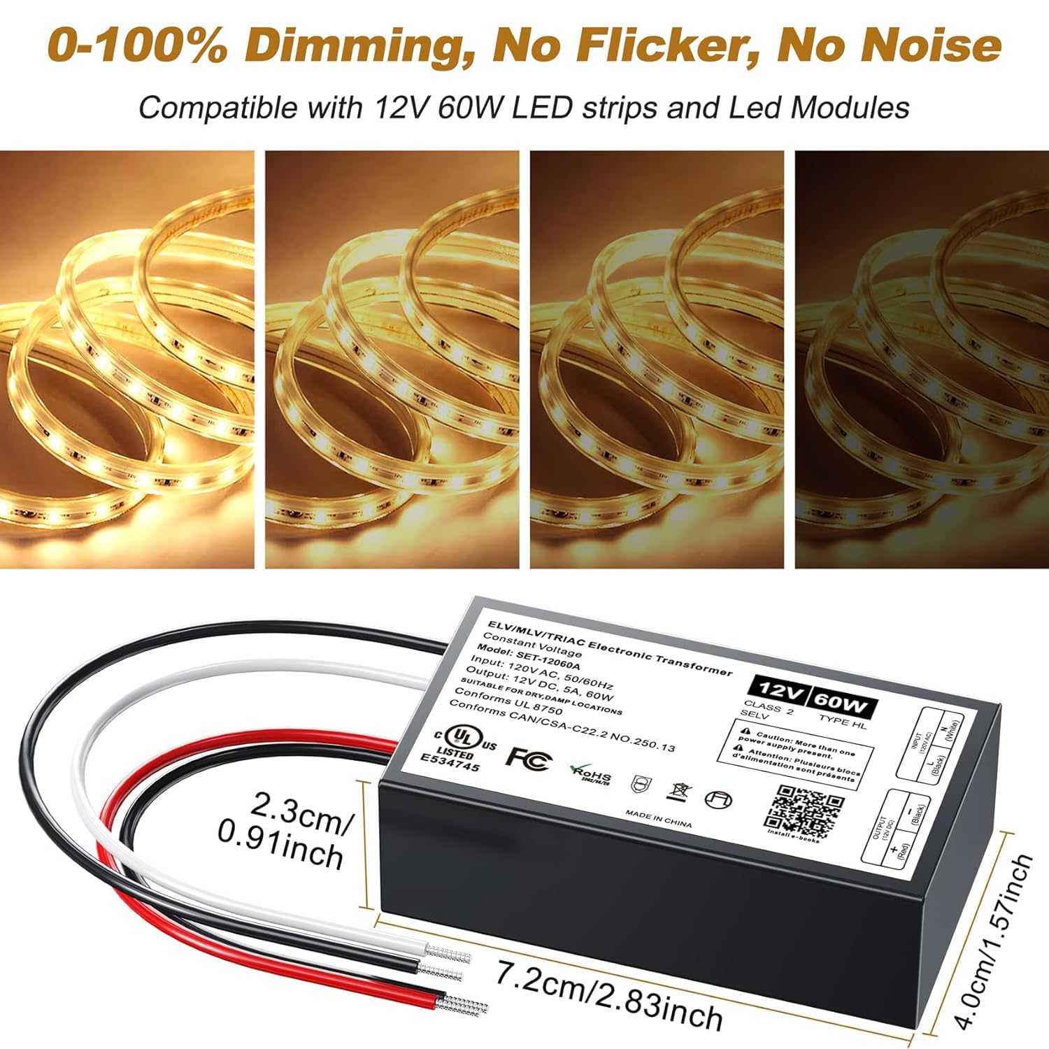12V Dimmable LED Driver, 60W Triac ELV/MLV LED Transformer Compatible with Lutron&Leviton Switches, Dimmable Led Power Supply 60W 12V for Light Stirps, Smooth Flicker Free Dimming