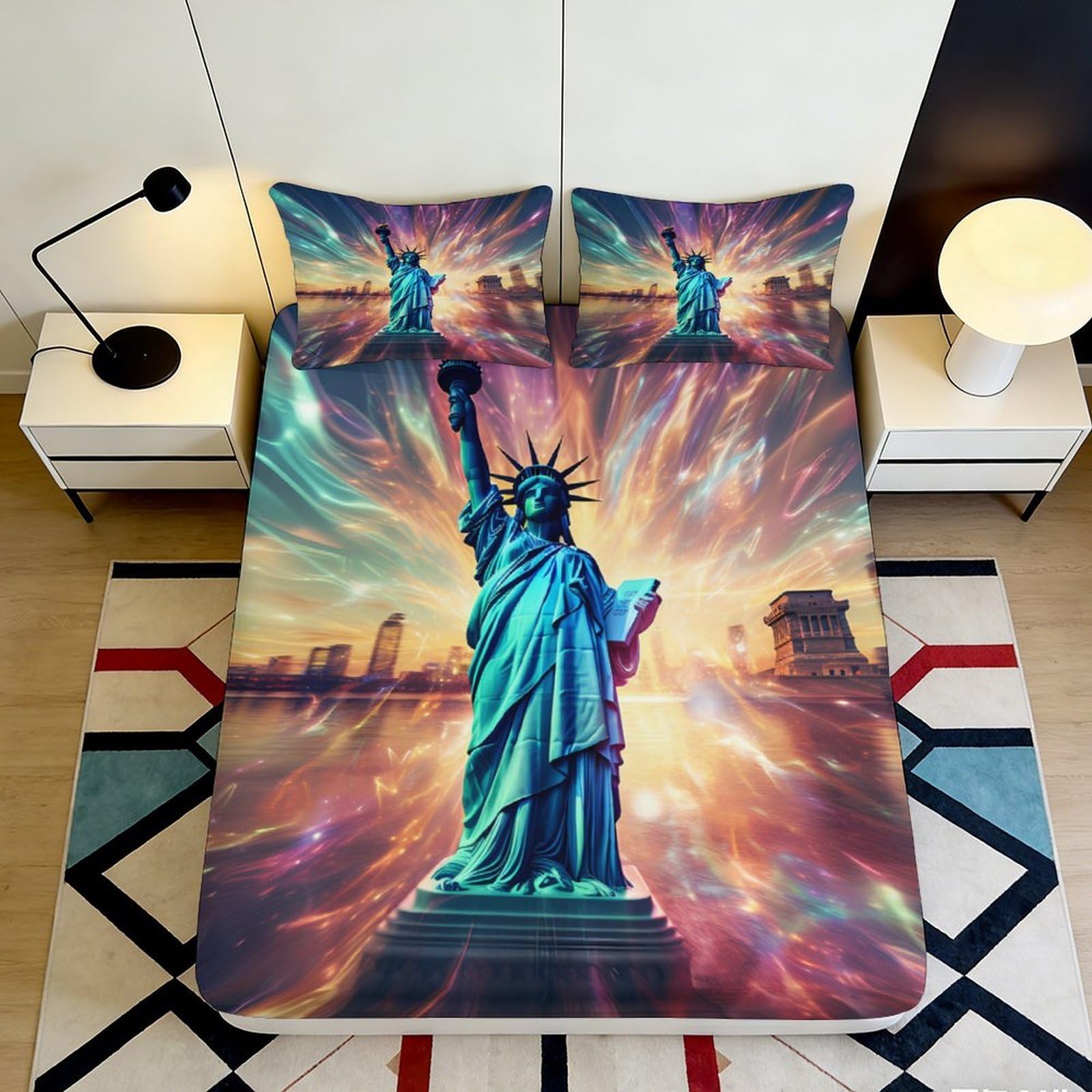 Jqzkxnhpbr Style-5 3D Printed Statue Of Liberty Fitted Sheet Microfiber Colourful Nightscape Bed Cover Non-Slip Washable For Bedroom Decor 90X200x25cm