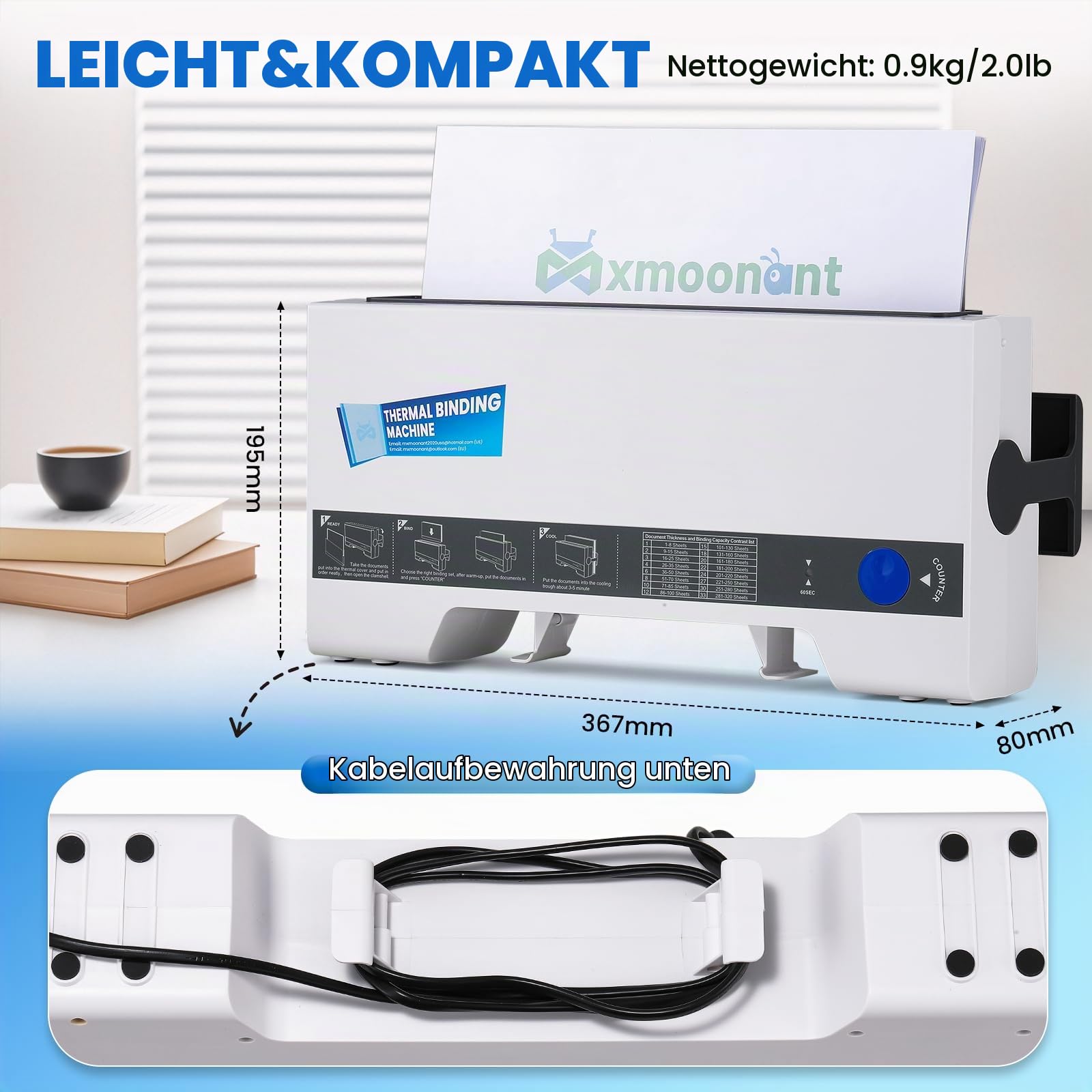 Mxmoonant TH-36 Thermobindemaschine, max. 200 Blatt | einfache Bedienung, kompakt, für A5/A4, mit 5 Stück Bindedeckeln