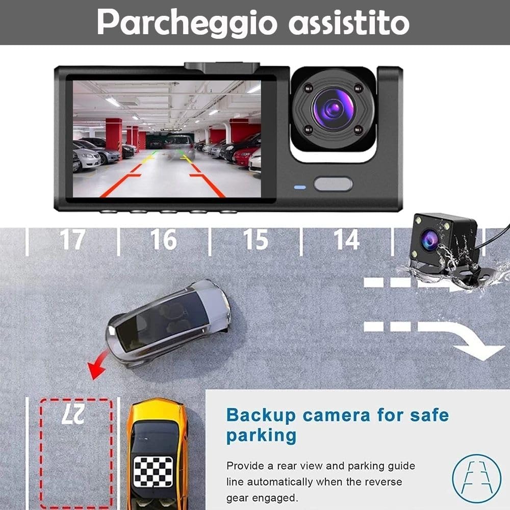 Videoregistratore Auto Dashcam 3 Canali Full HD 1080P | Sistema a 3 Telecamere (Anteriore + Posteriore + Interno/Abitacolo) | Doppio Obiettivo Anteriore, Schermo LCD 3", Scatola Nera G-Sensor