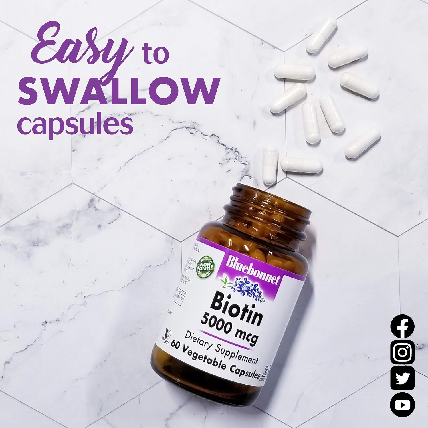 Bluebonnet Nutrition Biotin 5000 Mcg Vegetable Capsules, Biotin is a B Vitamin That Helps Make Keratin, Vegan, Vegetarian, Non GMO, Gluten Free, Soy Free, Milk Free, Kosher, 120 Vegetable Capsules