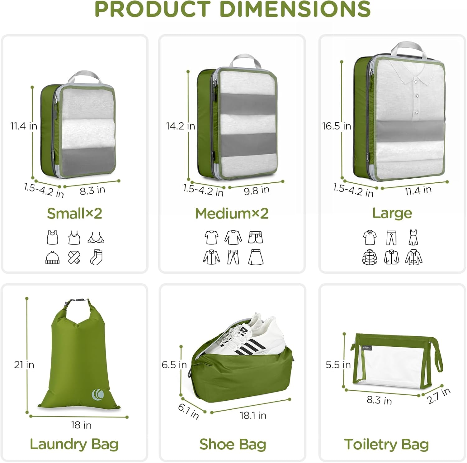 Cipway Compression Packing Cubes Mesh, Lightweight Luggage Organizer Bags with Laundry Bag,Toiletries Bag and Shoe Bag, Travel Essentials for Carry on Suitcase（8 Pcs,Green） - Image 5