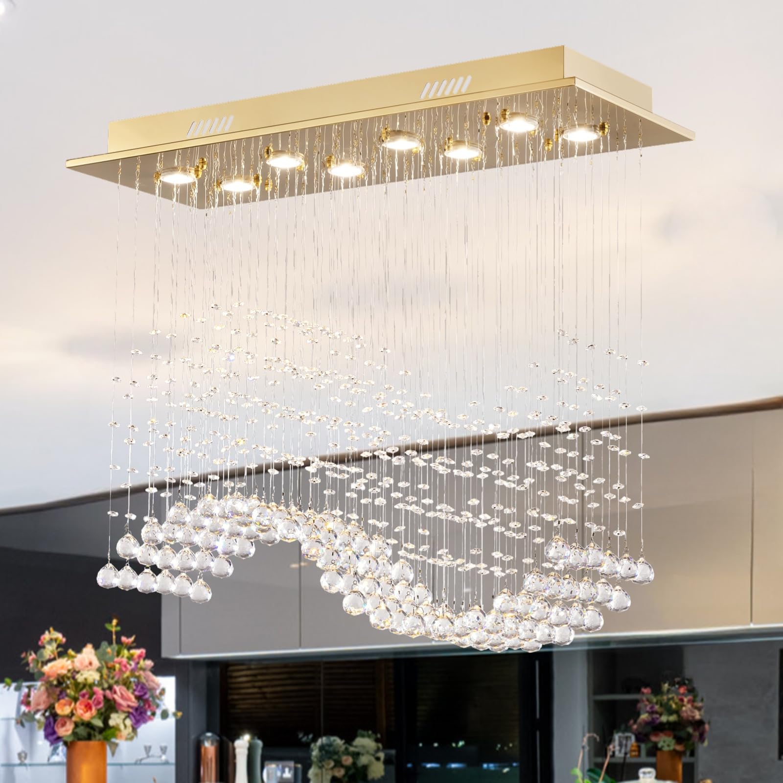 Siljoy Rectangular Gold Crystal Chandelier for Dining Room, 8