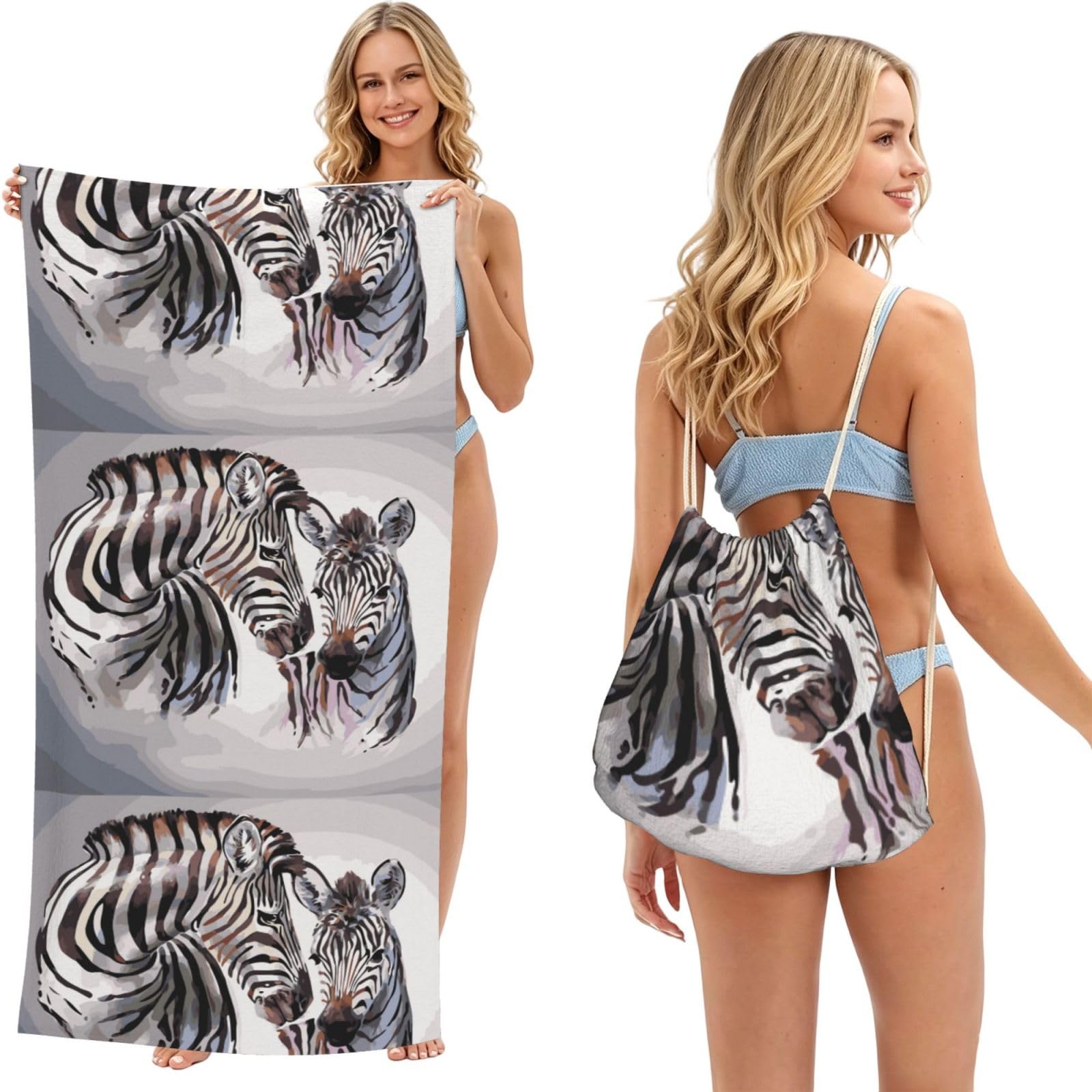 Poadnly As Picture Zebra Cute, 2 In 1 Packable Towel Bag, Beach Towels With Drawstring Backpack For Travel Holiday Camping