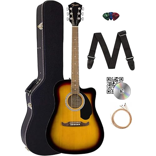 Fender FA-125CE Dreadnought Cutaway Acoustic-Electric Guitar - Sunburst Bundle with Hard Case, Strap, Strings, Picks, and Austin Bazaar Instructional DVD
