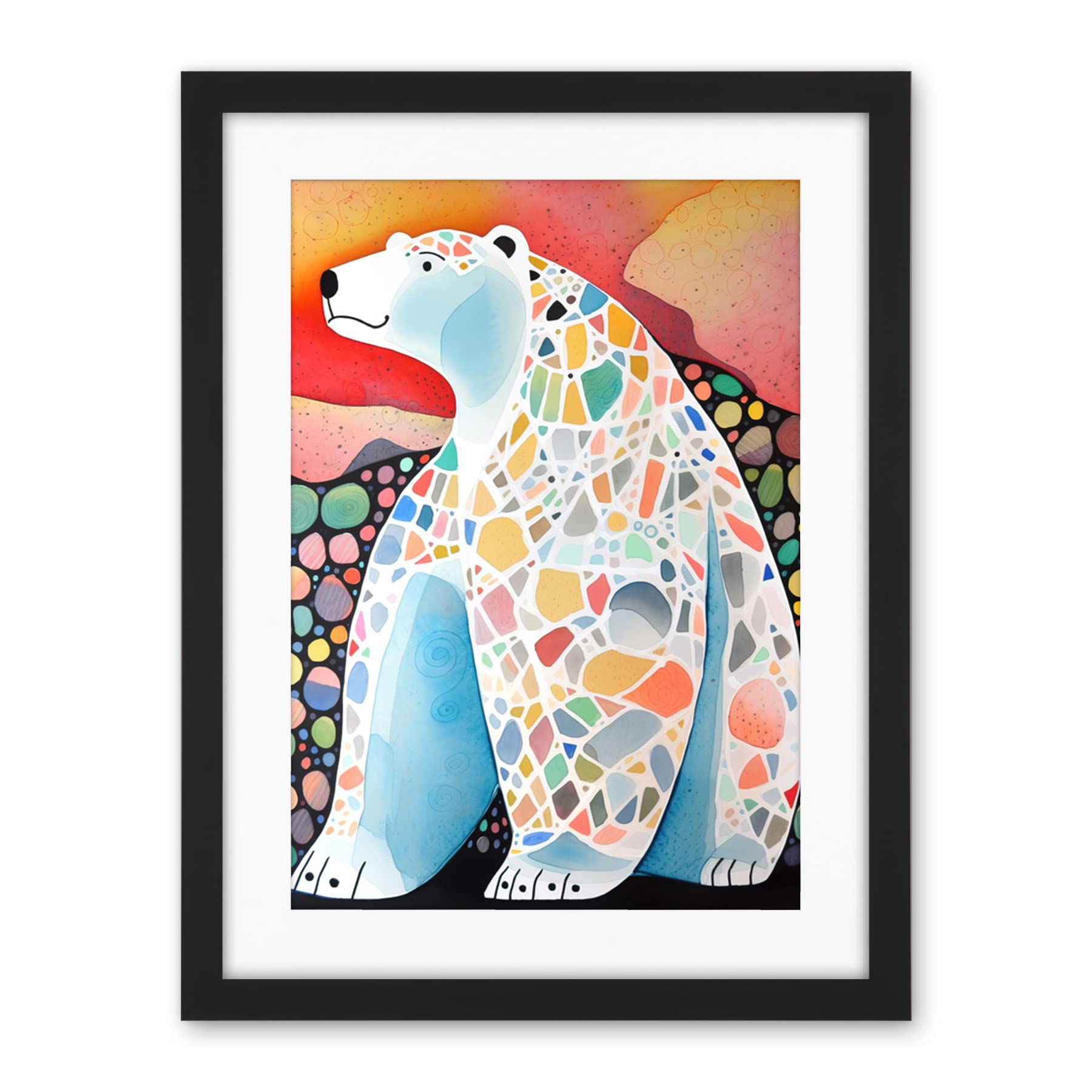 Artery8 Polar Bear With Mosaic Pattern Folk Art Artwork Framed Wall Art Print 18X24 Inch