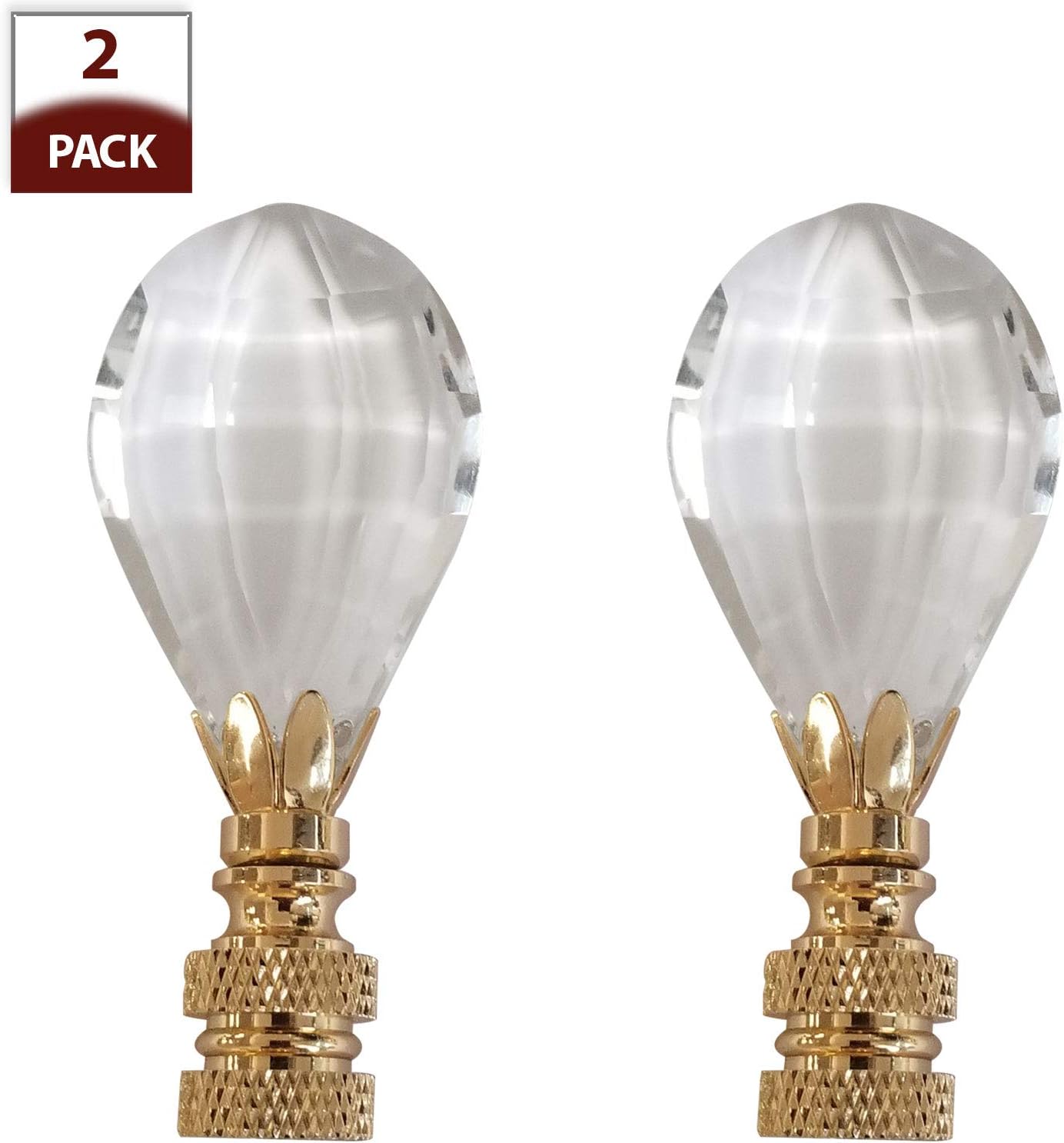 Royal Designs Faceted Simple Balloon Design Crystal Lamp Finial, Clear with Polished Brass Base (Set of 2)
