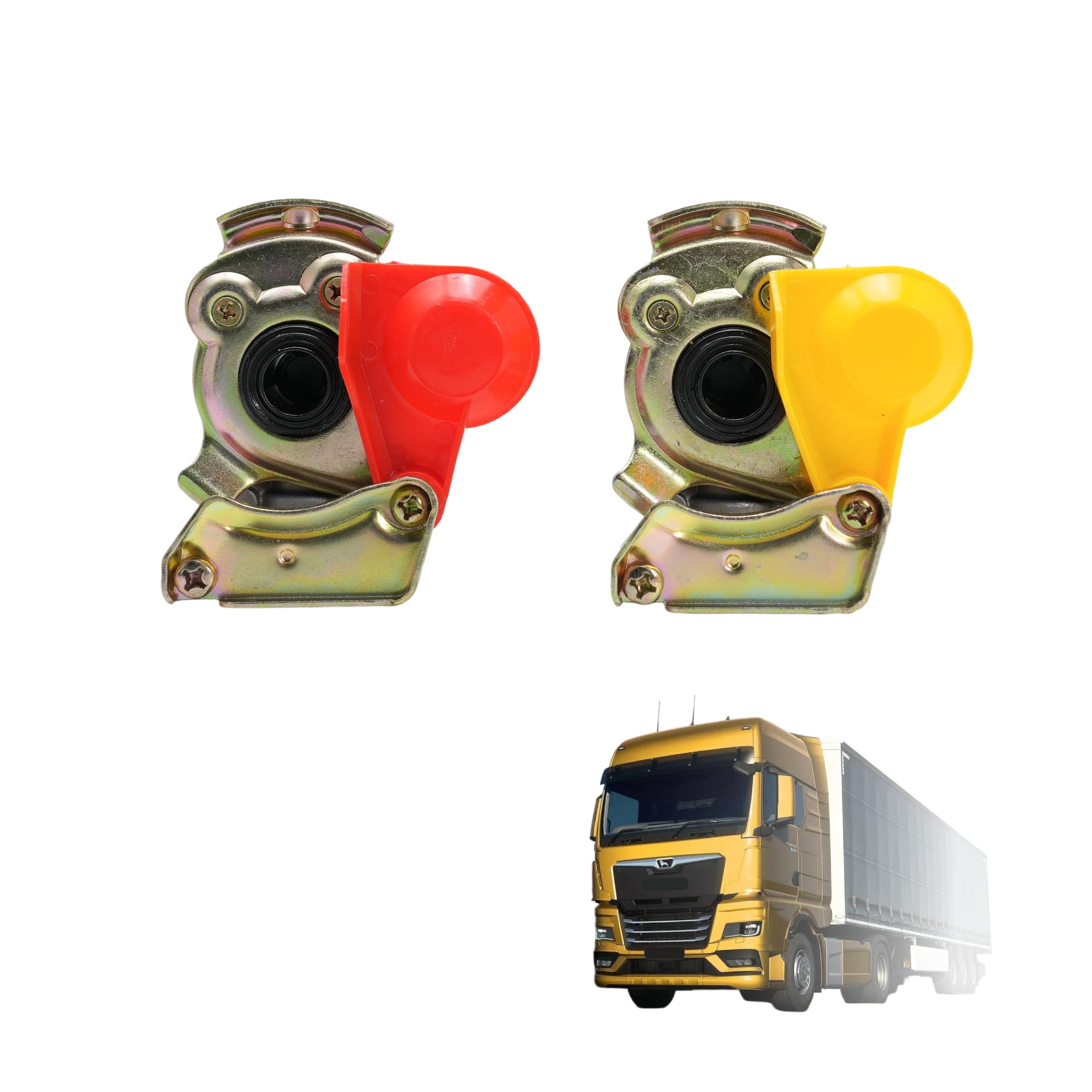 Tête à air comprimé M16 x 1,5 rouge/jaune avec kit de valve et bouchon anti-poussière - Compatible avec les camions