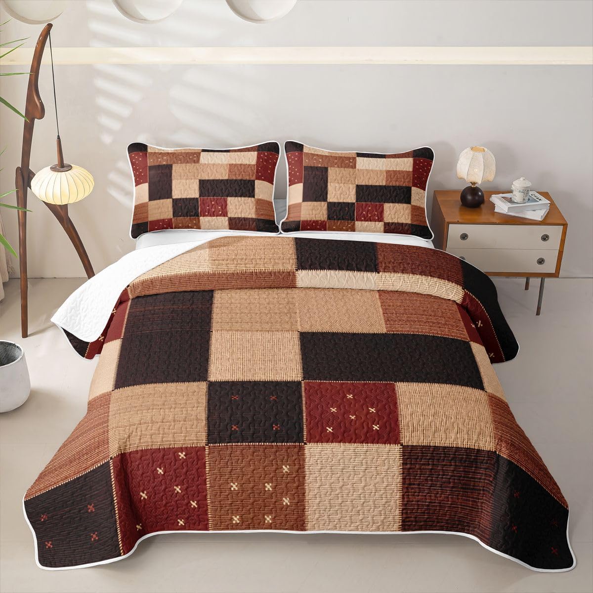Feelyou Geometric Quilt Set 3 Pieces Queen Size Patchwork Printed Quilted Bedding for All Season Modern Kids Boys Girls Bedspread Black Coverlet Set with 2 Pillowcases