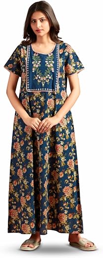 NIHSAMAH Cotton Nighty for Women — Printed Stylish Night Gown, Comfortable Sleepwear Long Nightwear, Maxi