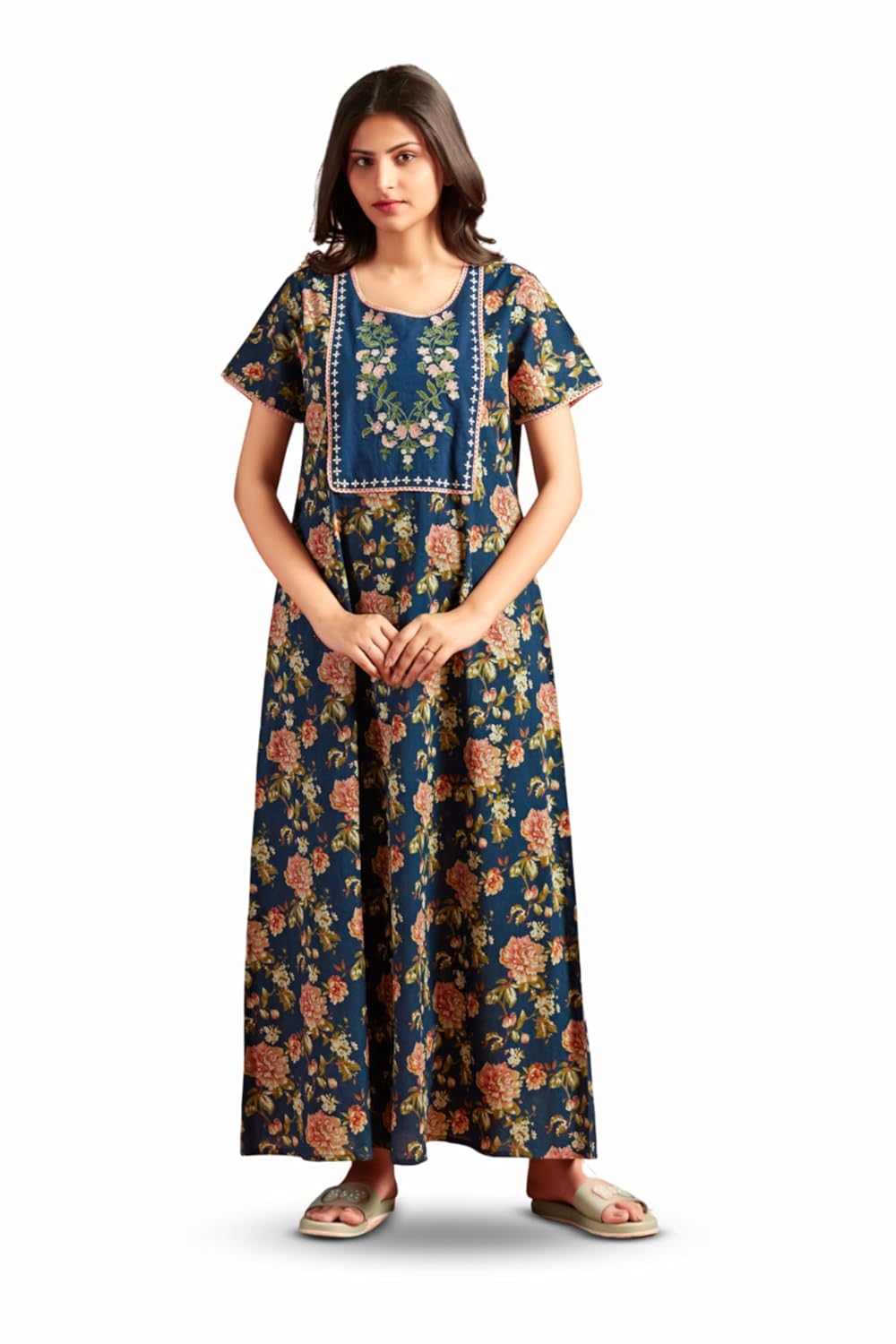 NIHSAMAH Cotton Nighty for Women — Printed Stylish Night Gown, Comfortable Sleepwear Long Nightwear, Maxi