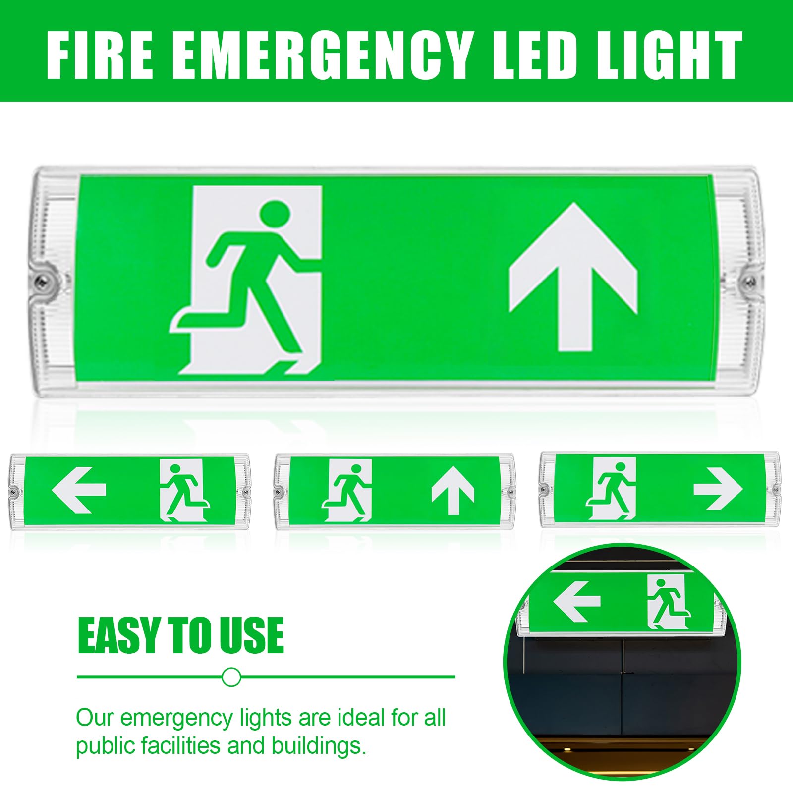 Éclairage d'urgence LED, lumière de sortie de secours LED, lumière de sortie de secours étanche IP65 avec batterie de secours, panneau de sortie de secours éclairé 3H, 4 pictogrammes