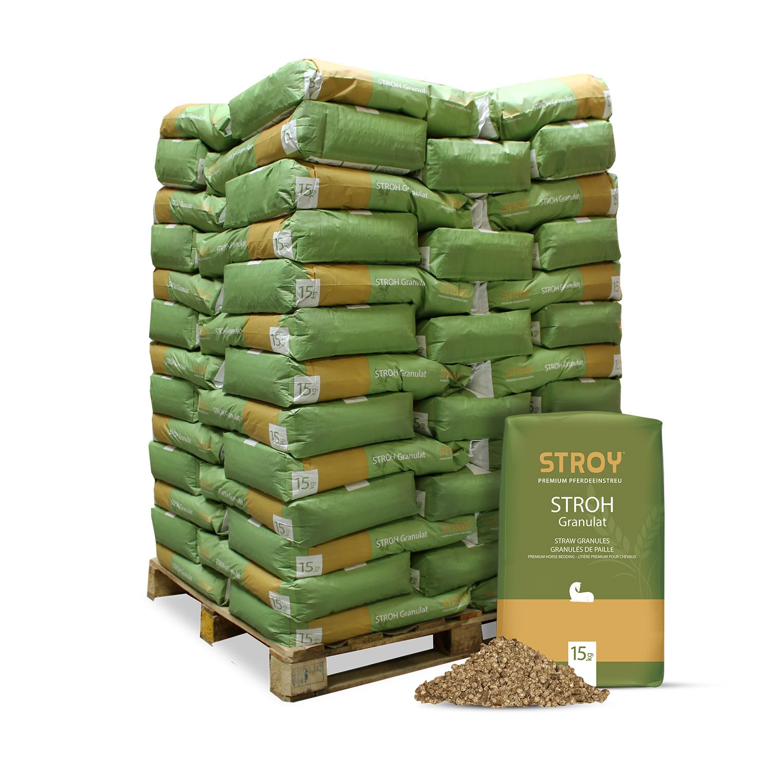 Strohgranulat Einstreu Granulat Stroh Tier Streu Pellet Für Großtier Kleintier Pferde Stall Box Paddock 15kg x 65 Sack 975kg / 1 Palette