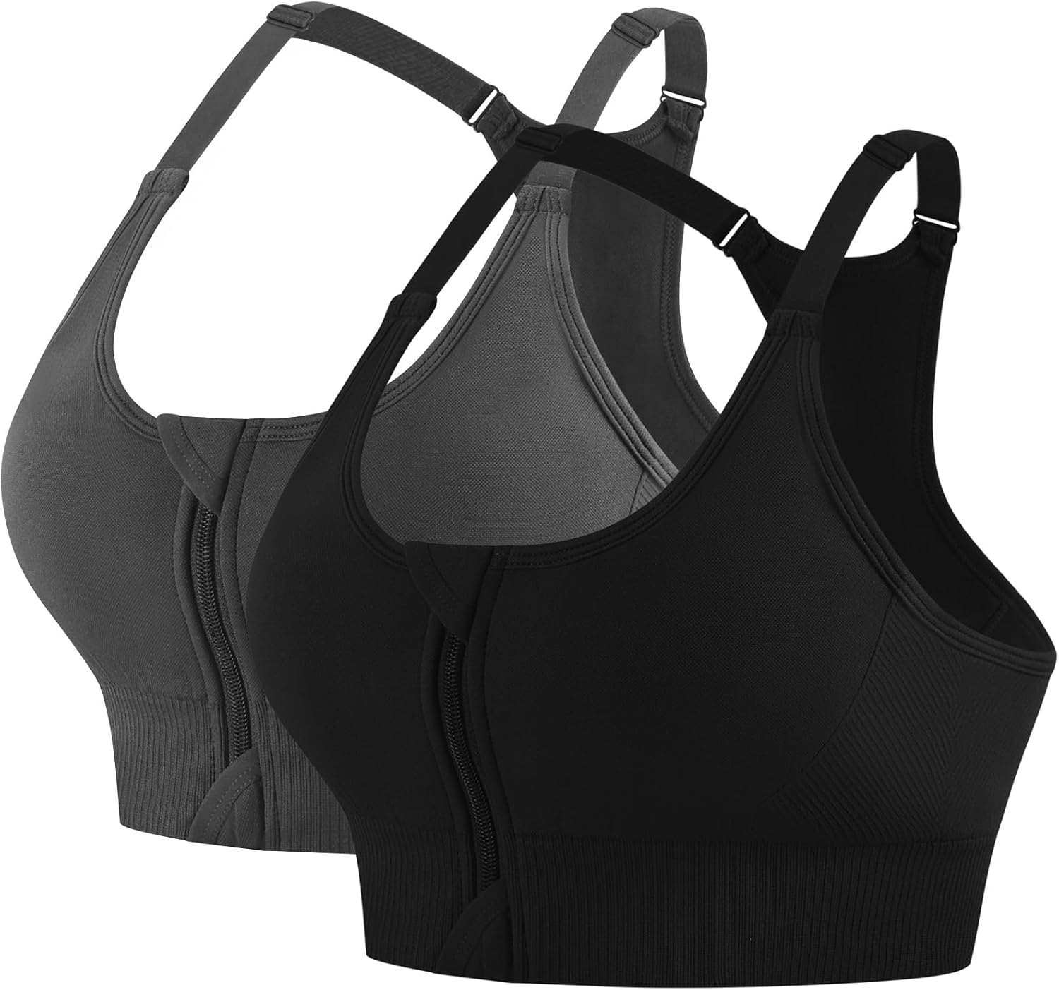 2 Pack Adjustable Sports Bras for Women, Zip Front Closure High Impact Seamless Wireless Padded Workout Gym Yoga Bra