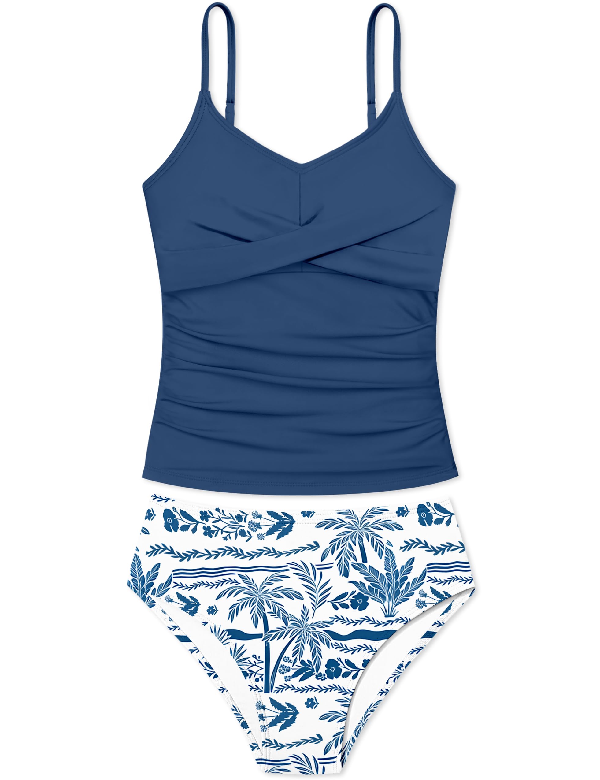 Girls Swimsuit 2 Piece Bathing Suit Criss Cross Ruched Girl Tankini Sets Printed Girls' Swimwear for 9-18 Years