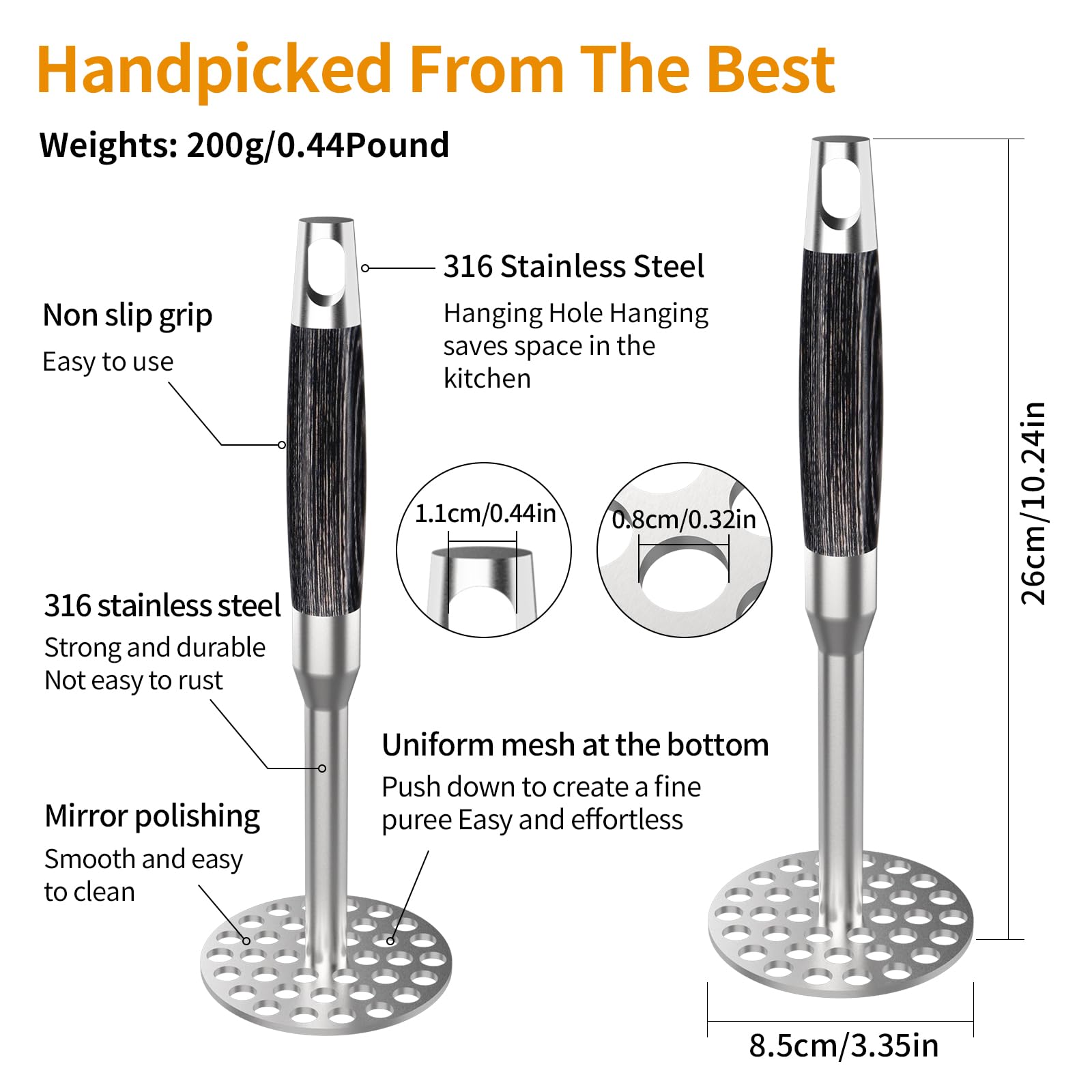 Schiacciapatate In Acciaio Inox 316 - Con Fori A Nido D'Ape E Manico In Legno - Foto 4