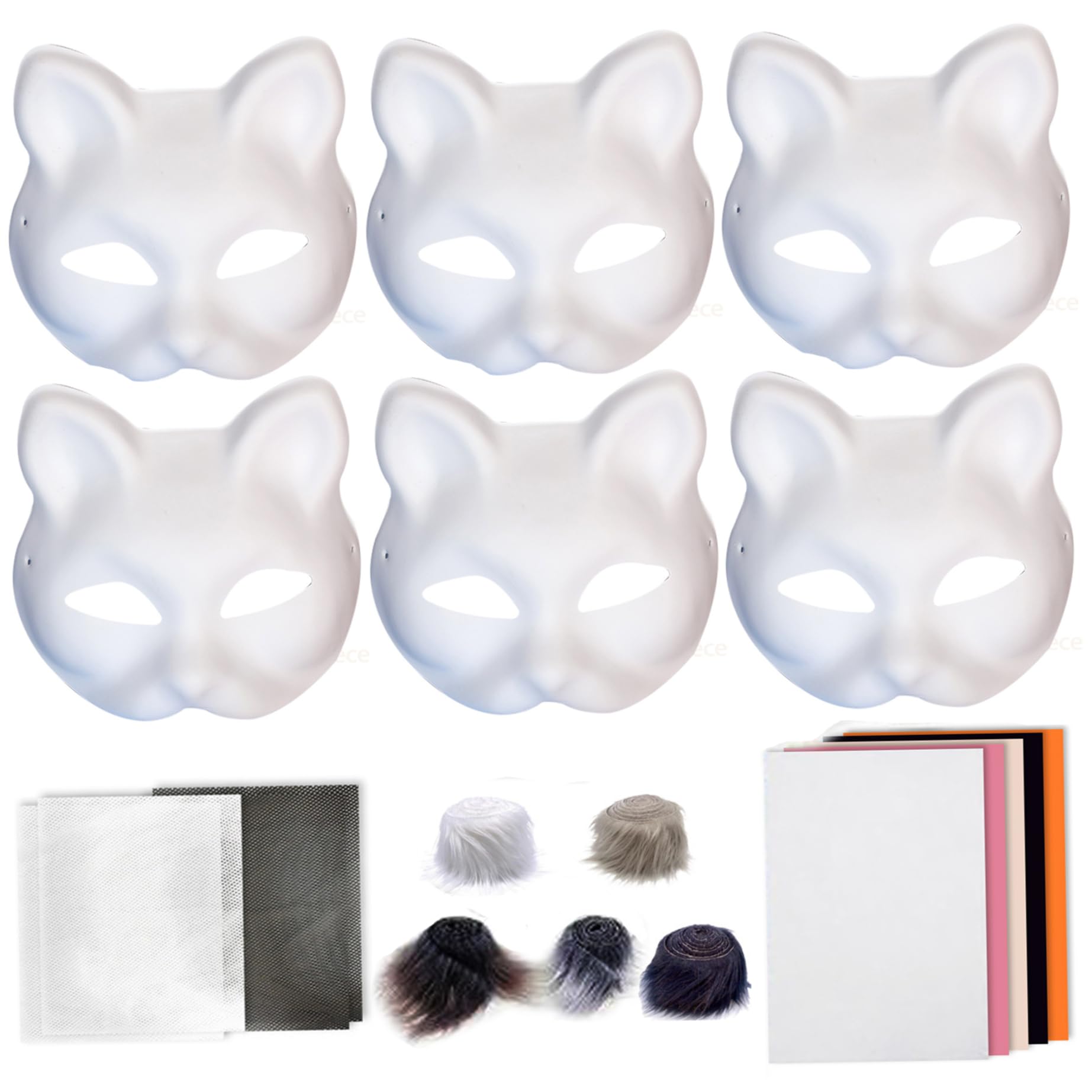 Kit di maschera therrian fai -da -te, maschere per gatti vuoti da 6 pezzi con panno in rete da 4 pezzi, striscia di lana 5 e fogli di tessuto in feltro da 5 per maschere volpe pelose fai