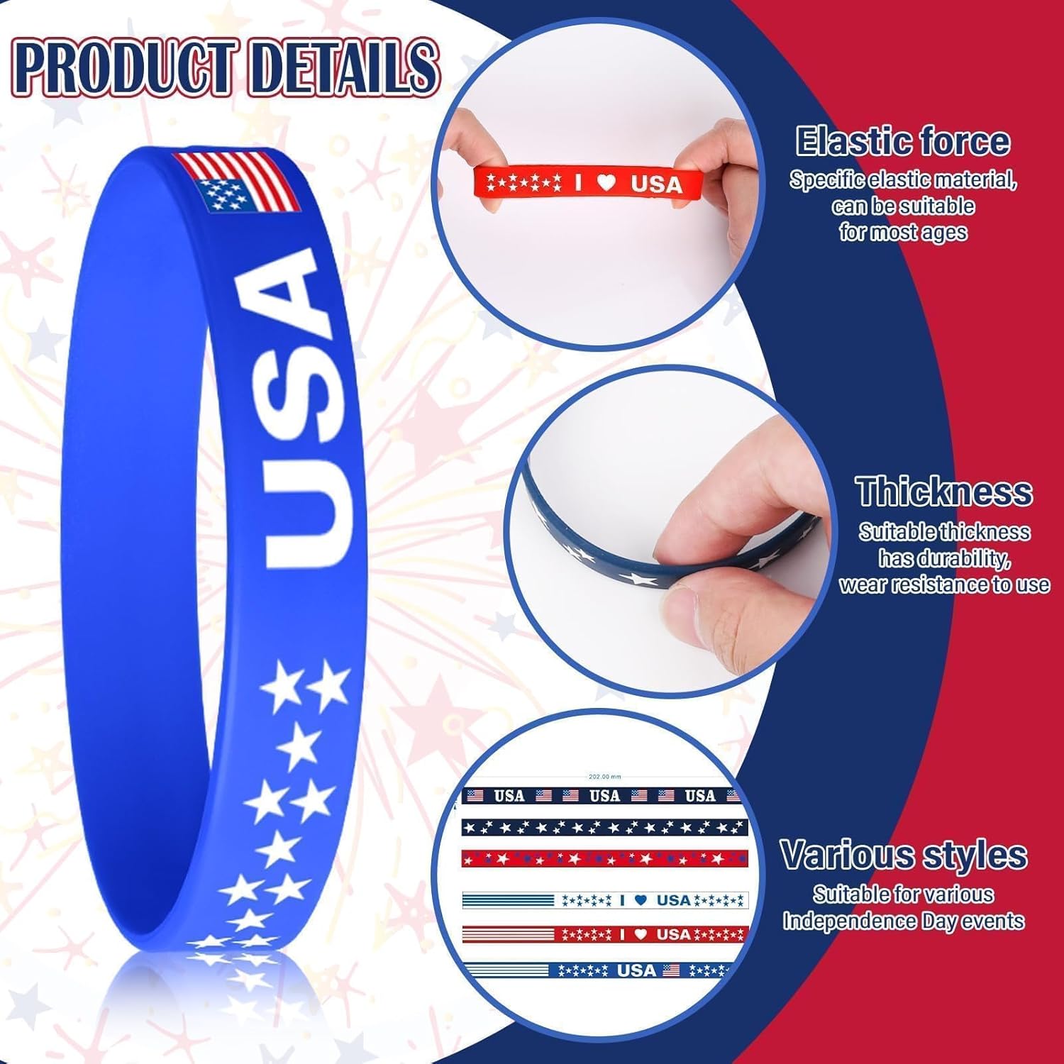 60PCS 4th of July Silicone Bracelets USA Flag Red White Blue Patriotic Wristbands for Independence Day, Memorial Day & Veterans Day, Bulk Party Favors
