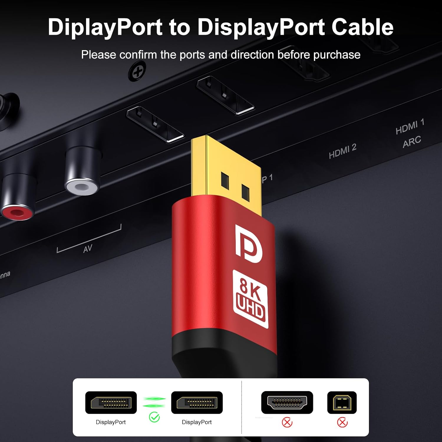 30FT DisplayPort 1.4 Cable 8K60Hz 4K144Hz, Long DP to DP 32.4Gbps HBR3 Cable with Gold Plated Connectors, Red Aluminum Housing, for Conference Room, Long Distance Setup.