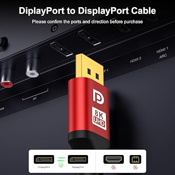 1.5FT DisplayPort 1.4 Cable 8K60Hz 4K144Hz, Short DP to DP 32.4Gbps HBR3 Braided Cable with Gold Plated Connectors, Red Aluminum Housing, for Laptop to Monitor, Docking Station.