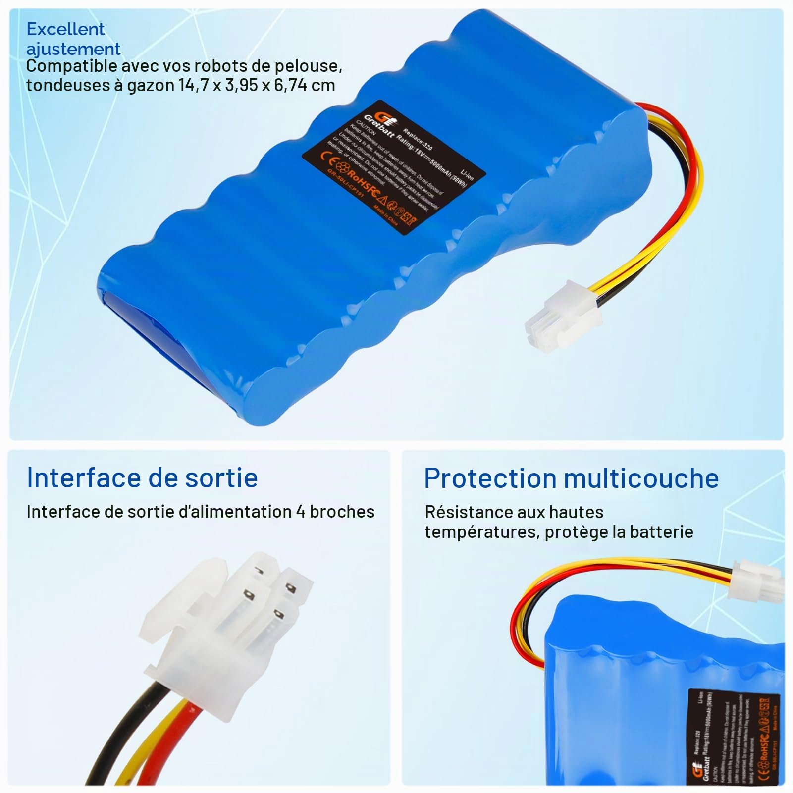 Batterie de Rechange 18 V 5,0 Ah pour Robot Tondeuse Automower 320, 330X, 420, 430, 440, 450X, 520, 550, Remplacement pour Batterie 580 68 33-01,580 68 33-02.