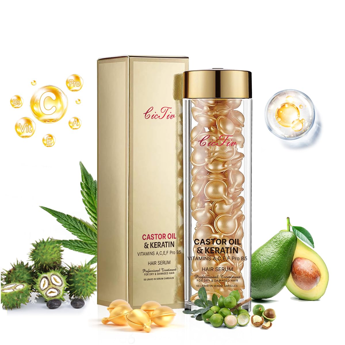 Hair Serum with Keratin & Castor Oil, Damaged Hair Repair, Deeply Hydrates, Leave Hair Soft & Shiny, Hair Heat protection, No Rinse, 50 Capsules